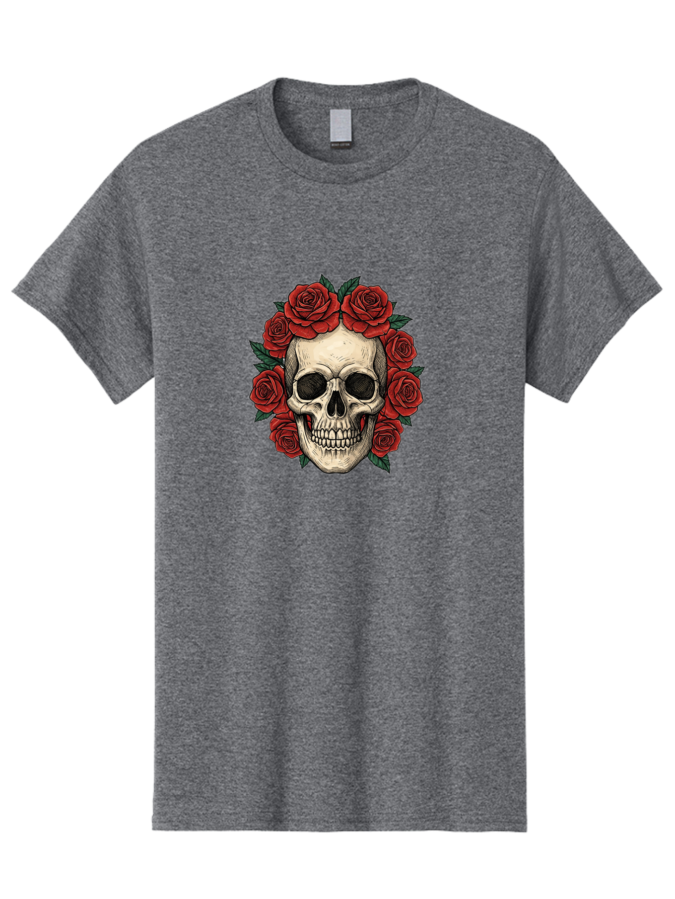 Skull-With-Roses-3 Men'S Graphic Tee, 100% Cotton, Comfortable Casual Summer Wear, Machine Washable, Skull With Red Roses, Sugar Skull, Day Of The Dead, Floral Wreath, Gothic Romance, Dark Art, Vintage Illustration, Red Roses, Tattoo Art Bad616 5