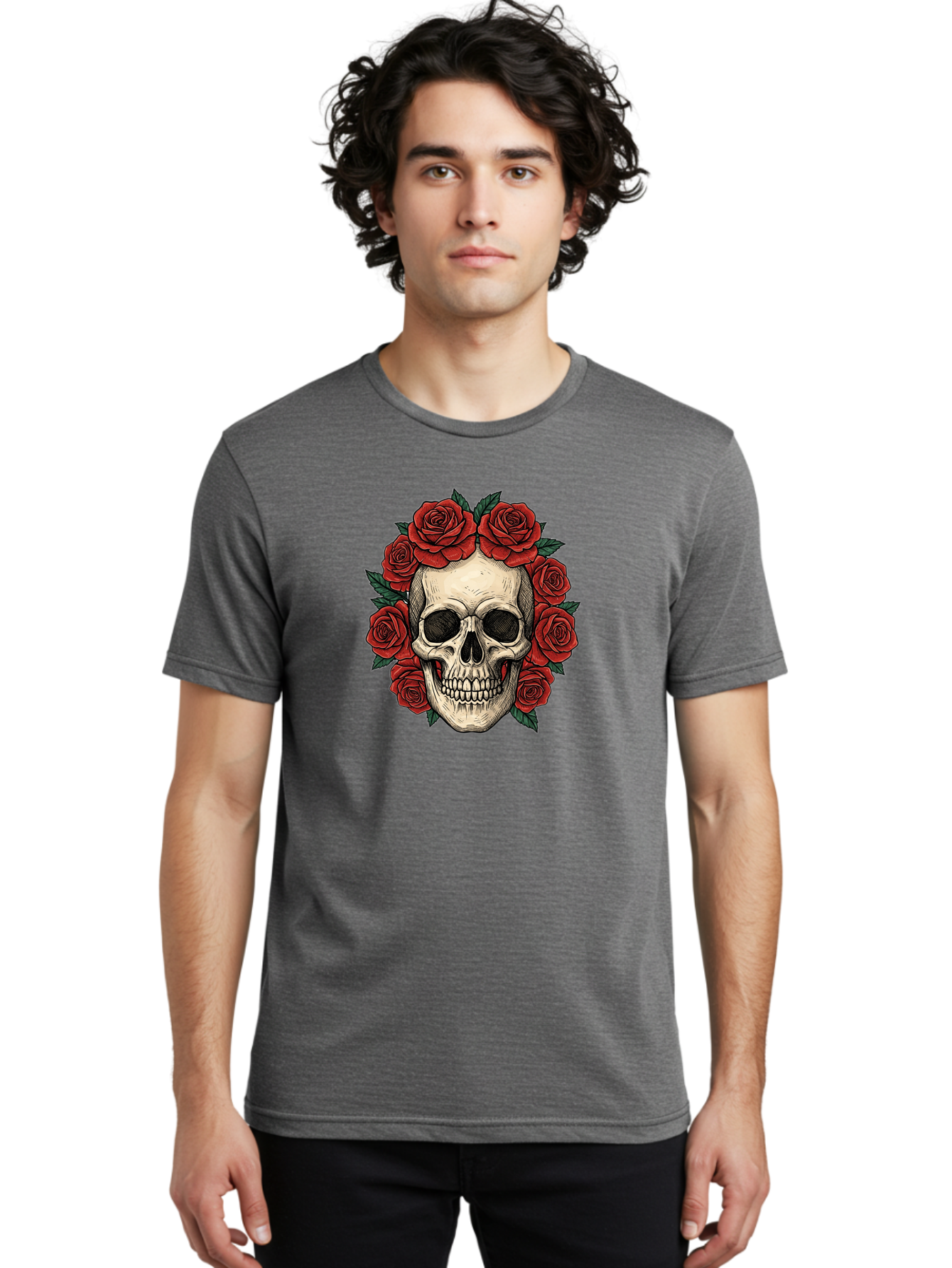 Skull-With-Roses-3 Men'S Graphic Tee, 100% Cotton, Comfortable Casual Summer Wear, Machine Washable, Skull With Red Roses, Sugar Skull, Day Of The Dead, Floral Wreath, Gothic Romance, Dark Art, Vintage Illustration, Red Roses, Tattoo Art Bad616 20