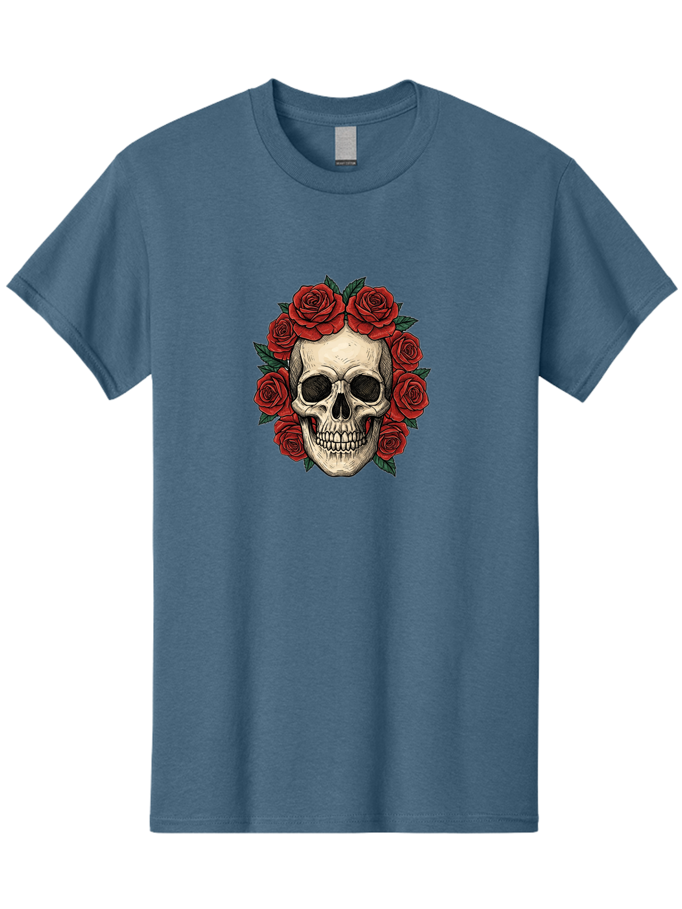 Skull-With-Roses-3 Men'S Graphic Tee, 100% Cotton, Comfortable Casual Summer Wear, Machine Washable, Skull With Red Roses, Sugar Skull, Day Of The Dead, Floral Wreath, Gothic Romance, Dark Art, Vintage Illustration, Red Roses, Tattoo Art Bad616 3