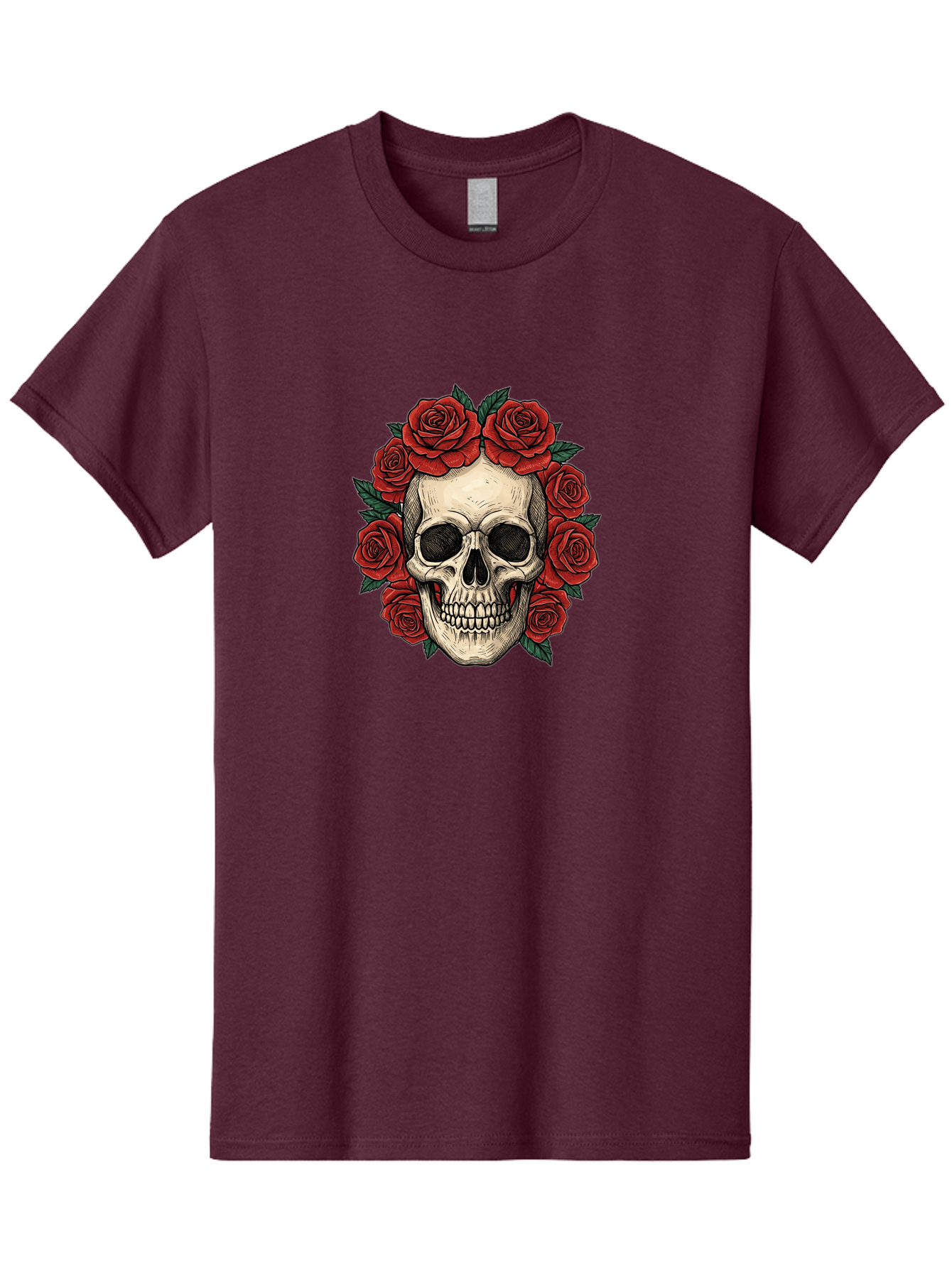 Skull-With-Roses-3 Men'S Graphic Tee, 100% Cotton, Comfortable Casual Summer Wear, Machine Washable, Skull With Red Roses, Sugar Skull, Day Of The Dead, Floral Wreath, Gothic Romance, Dark Art, Vintage Illustration, Red Roses, Tattoo Art Bad616 7