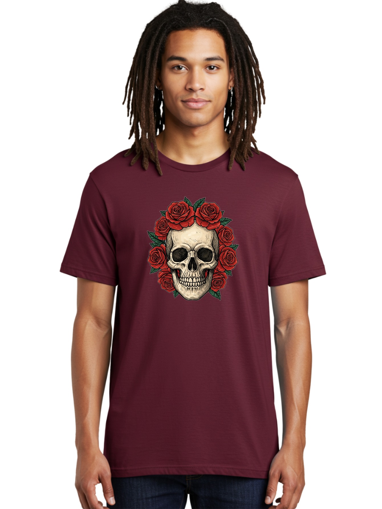 Skull-With-Roses-3 Men'S Graphic Tee, 100% Cotton, Comfortable Casual Summer Wear, Machine Washable, Skull With Red Roses, Sugar Skull, Day Of The Dead, Floral Wreath, Gothic Romance, Dark Art, Vintage Illustration, Red Roses, Tattoo Art Bad616 22