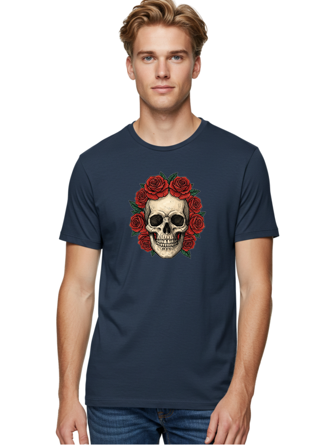 Skull-With-Roses-3 Men'S Graphic Tee, 100% Cotton, Comfortable Casual Summer Wear, Machine Washable, Skull With Red Roses, Sugar Skull, Day Of The Dead, Floral Wreath, Gothic Romance, Dark Art, Vintage Illustration, Red Roses, Tattoo Art Bad616 17