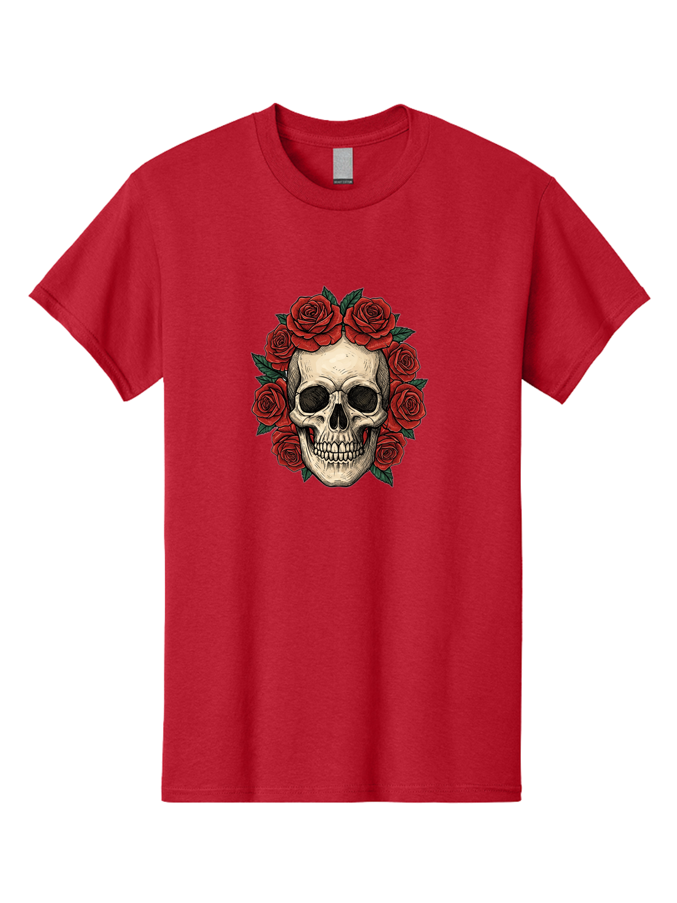 Skull-With-Roses-3 Men'S Graphic Tee, 100% Cotton, Comfortable Casual Summer Wear, Machine Washable, Skull With Red Roses, Sugar Skull, Day Of The Dead, Floral Wreath, Gothic Romance, Dark Art, Vintage Illustration, Red Roses, Tattoo Art Bad616 4