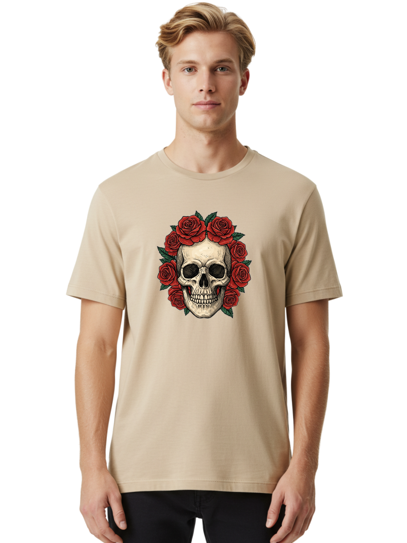 Skull-With-Roses-3 Men'S Graphic Tee, 100% Cotton, Comfortable Casual Summer Wear, Machine Washable, Skull With Red Roses, Sugar Skull, Day Of The Dead, Floral Wreath, Gothic Romance, Dark Art, Vintage Illustration, Red Roses, Tattoo Art Bad616 28