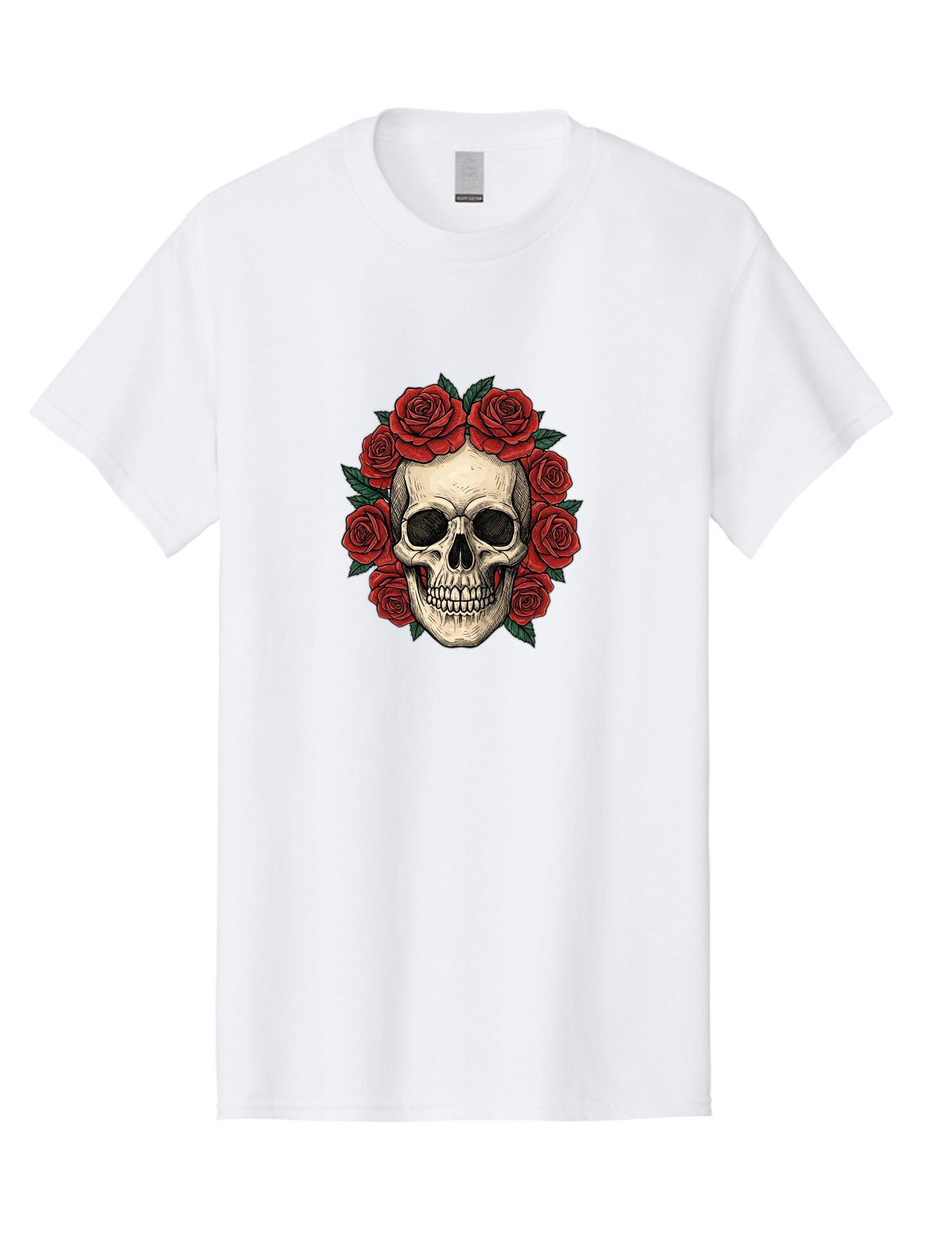 Skull-With-Roses-3 Men'S Graphic Tee, 100% Cotton, Comfortable Casual Summer Wear, Machine Washable, Skull With Red Roses, Sugar Skull, Day Of The Dead, Floral Wreath, Gothic Romance, Dark Art, Vintage Illustration, Red Roses, Tattoo Art Bad616 11