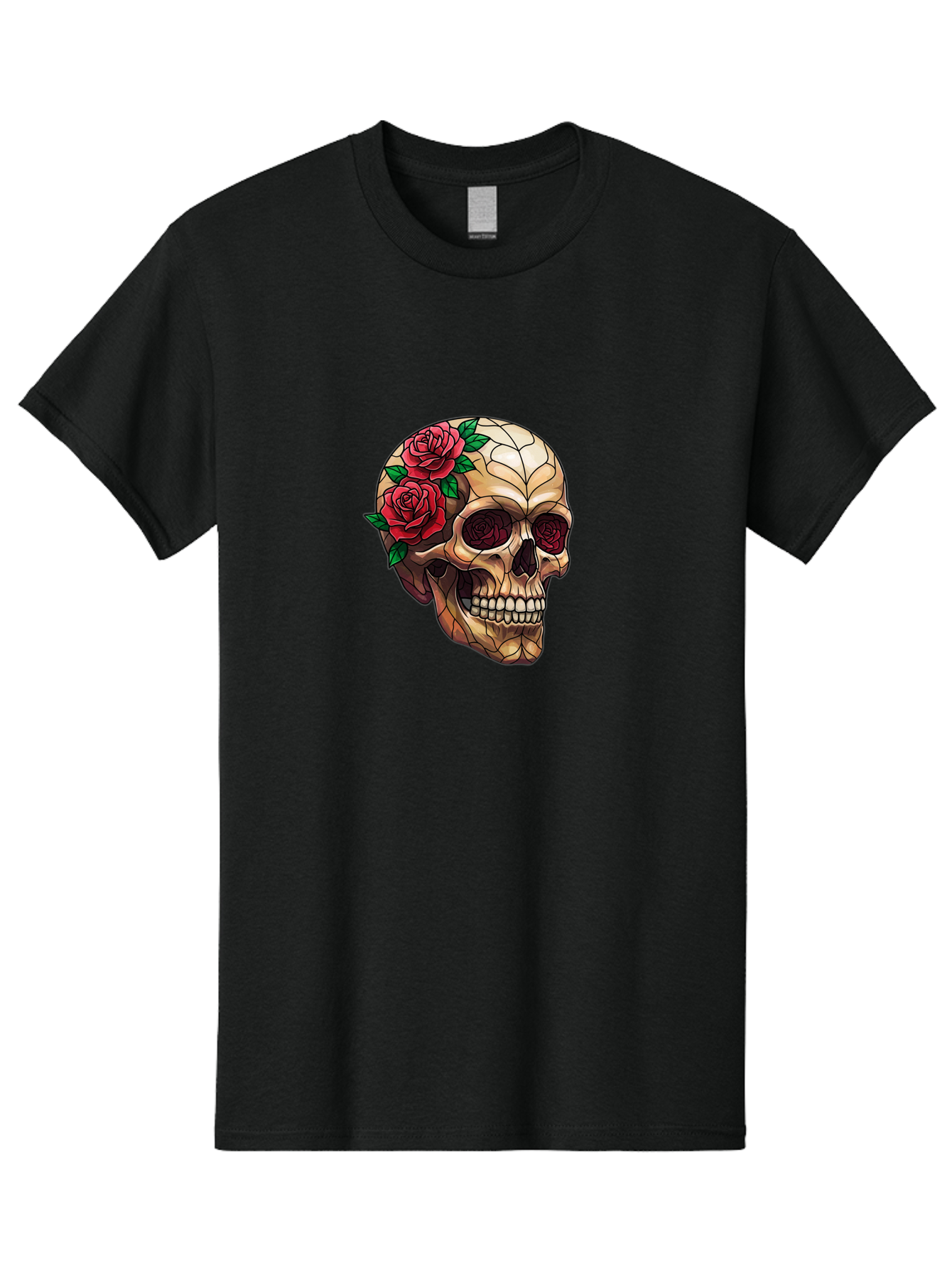 Skull-With-Roses-4 Men'S Graphic Tee, 100% Cotton, Comfortable Casual Summer Wear, Machine Washable, Human Skull, Sugar Skull, Red Roses, Floral Design, Stained Glass Effect, Gothic Style, Tattoo Art, Rose Eyes, Death And Beauty, Floral Skull Bad617 5