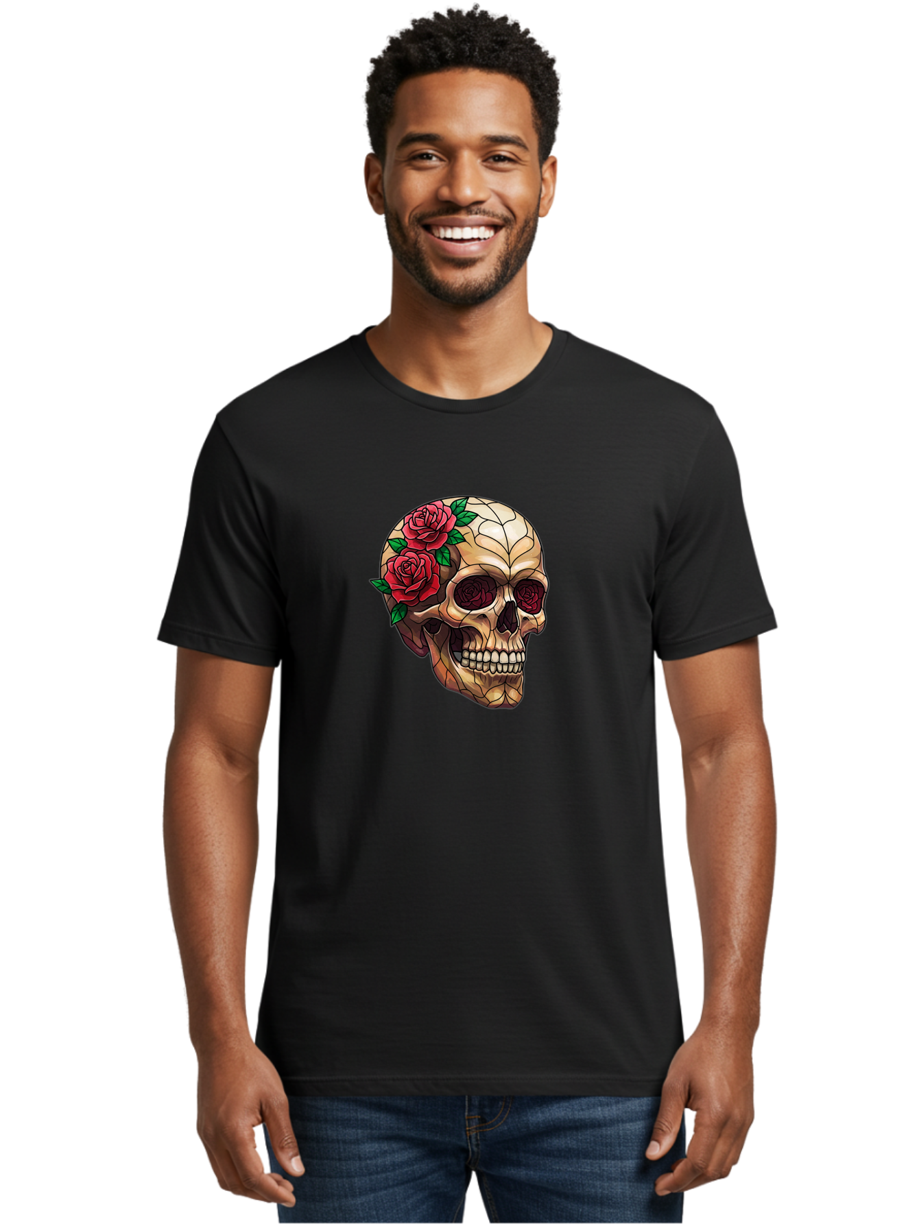 Skull-With-Roses-4 Men'S Graphic Tee, 100% Cotton, Comfortable Casual Summer Wear, Machine Washable, Human Skull, Sugar Skull, Red Roses, Floral Design, Stained Glass Effect, Gothic Style, Tattoo Art, Rose Eyes, Death And Beauty, Floral Skull Bad617 20