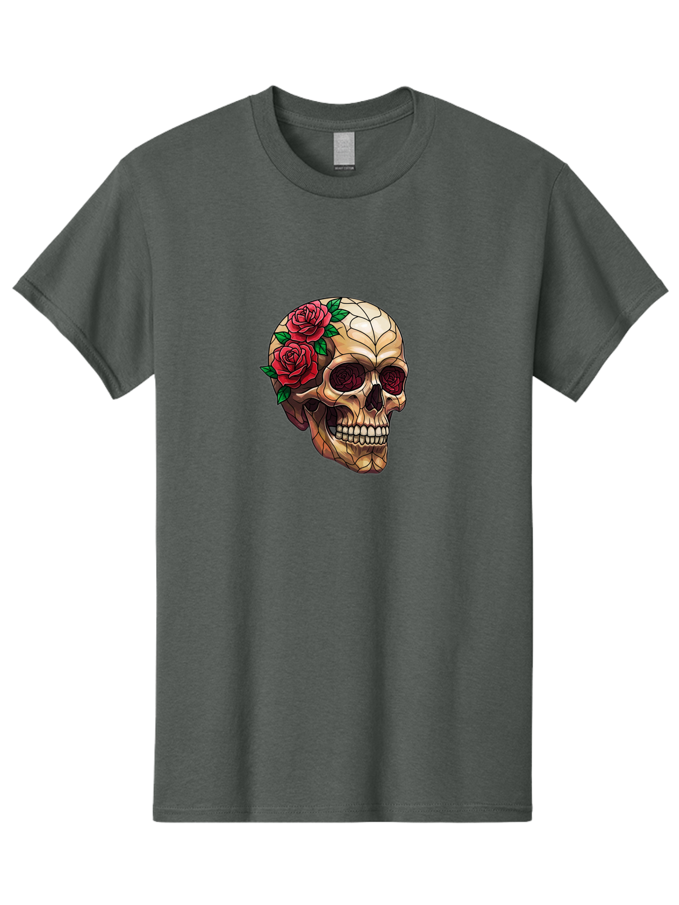 Skull-With-Roses-4 Men'S Graphic Tee, 100% Cotton, Comfortable Casual Summer Wear, Machine Washable, Human Skull, Sugar Skull, Red Roses, Floral Design, Stained Glass Effect, Gothic Style, Tattoo Art, Rose Eyes, Death And Beauty, Floral Skull Bad617 9