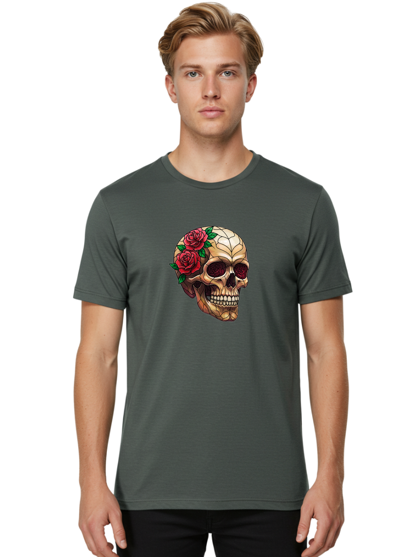 Skull-With-Roses-4 Men'S Graphic Tee, 100% Cotton, Comfortable Casual Summer Wear, Machine Washable, Human Skull, Sugar Skull, Red Roses, Floral Design, Stained Glass Effect, Gothic Style, Tattoo Art, Rose Eyes, Death And Beauty, Floral Skull Bad617 24