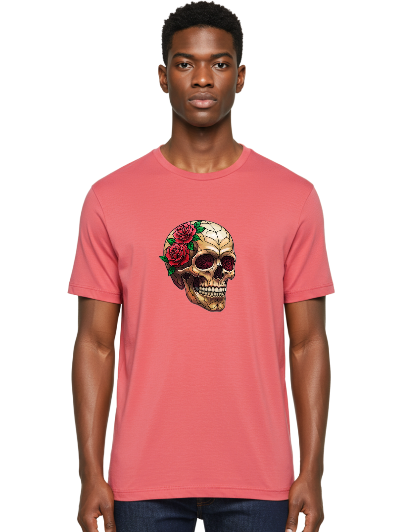 Skull-With-Roses-4 Men'S Graphic Tee, 100% Cotton, Comfortable Casual Summer Wear, Machine Washable, Human Skull, Sugar Skull, Red Roses, Floral Design, Stained Glass Effect, Gothic Style, Tattoo Art, Rose Eyes, Death And Beauty, Floral Skull Bad617 16