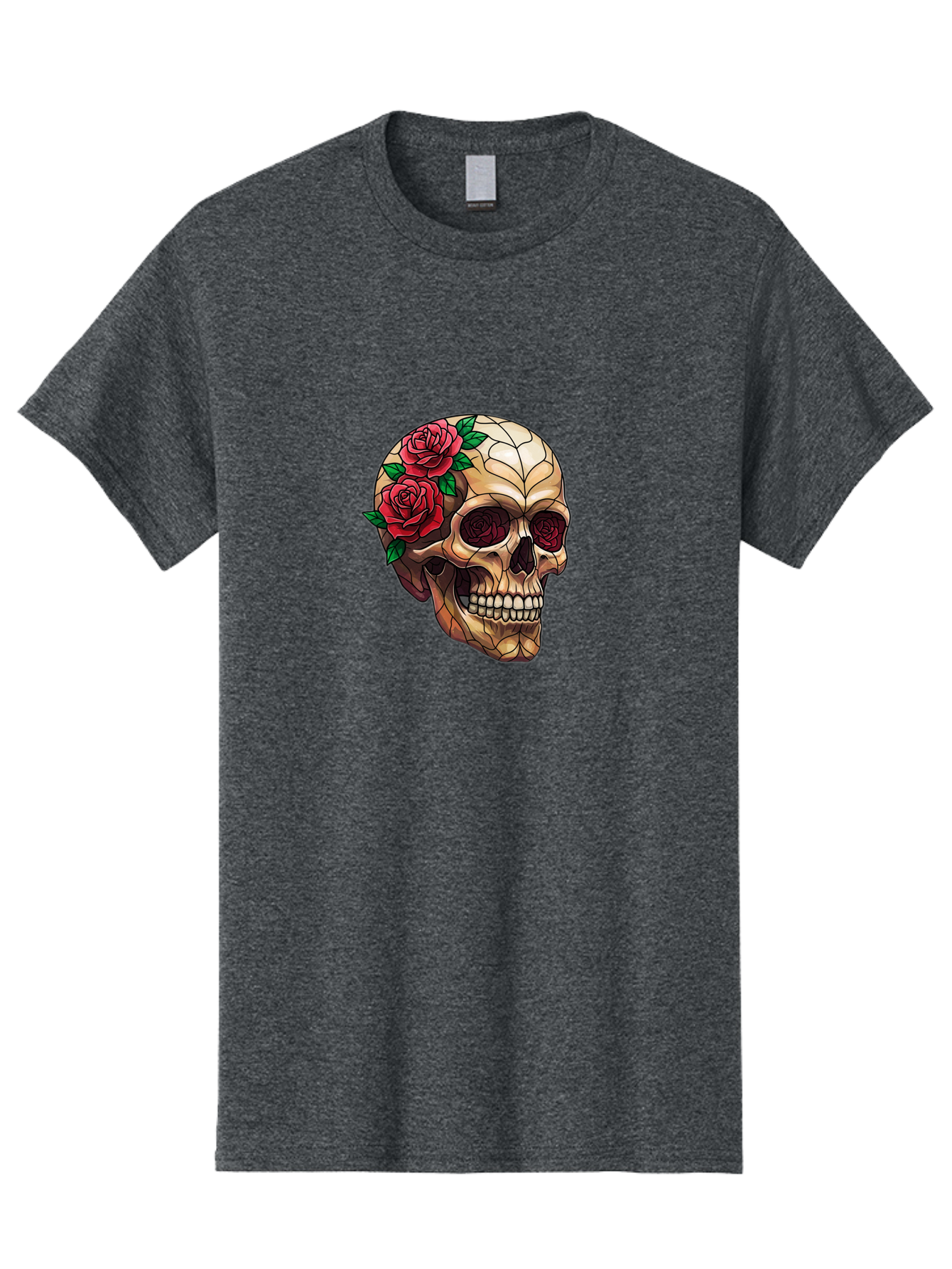 Skull-With-Roses-4 Men'S Graphic Tee, 100% Cotton, Comfortable Casual Summer Wear, Machine Washable, Human Skull, Sugar Skull, Red Roses, Floral Design, Stained Glass Effect, Gothic Style, Tattoo Art, Rose Eyes, Death And Beauty, Floral Skull Bad617 7
