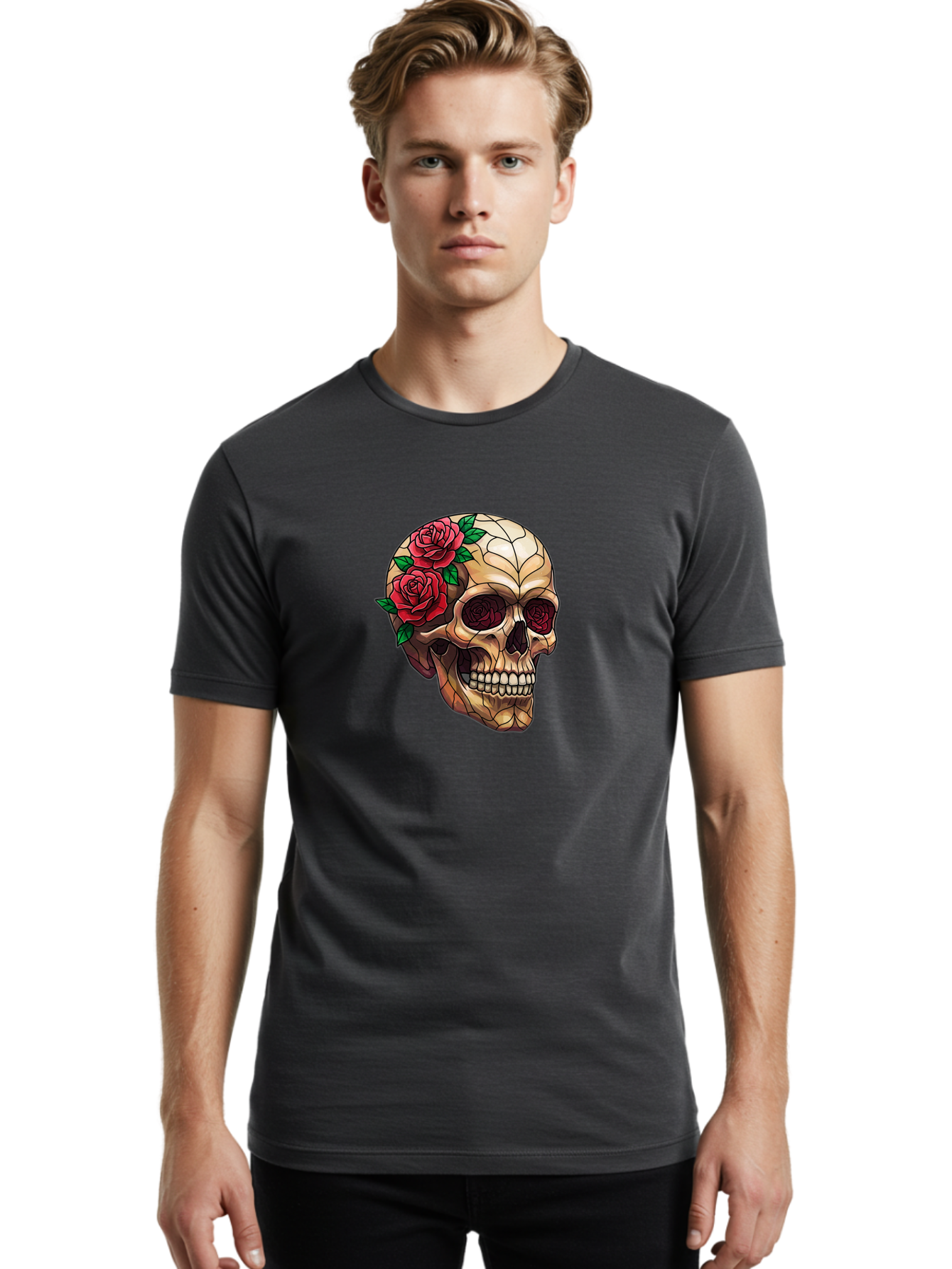 Skull-With-Roses-4 Men'S Graphic Tee, 100% Cotton, Comfortable Casual Summer Wear, Machine Washable, Human Skull, Sugar Skull, Red Roses, Floral Design, Stained Glass Effect, Gothic Style, Tattoo Art, Rose Eyes, Death And Beauty, Floral Skull Bad617 22