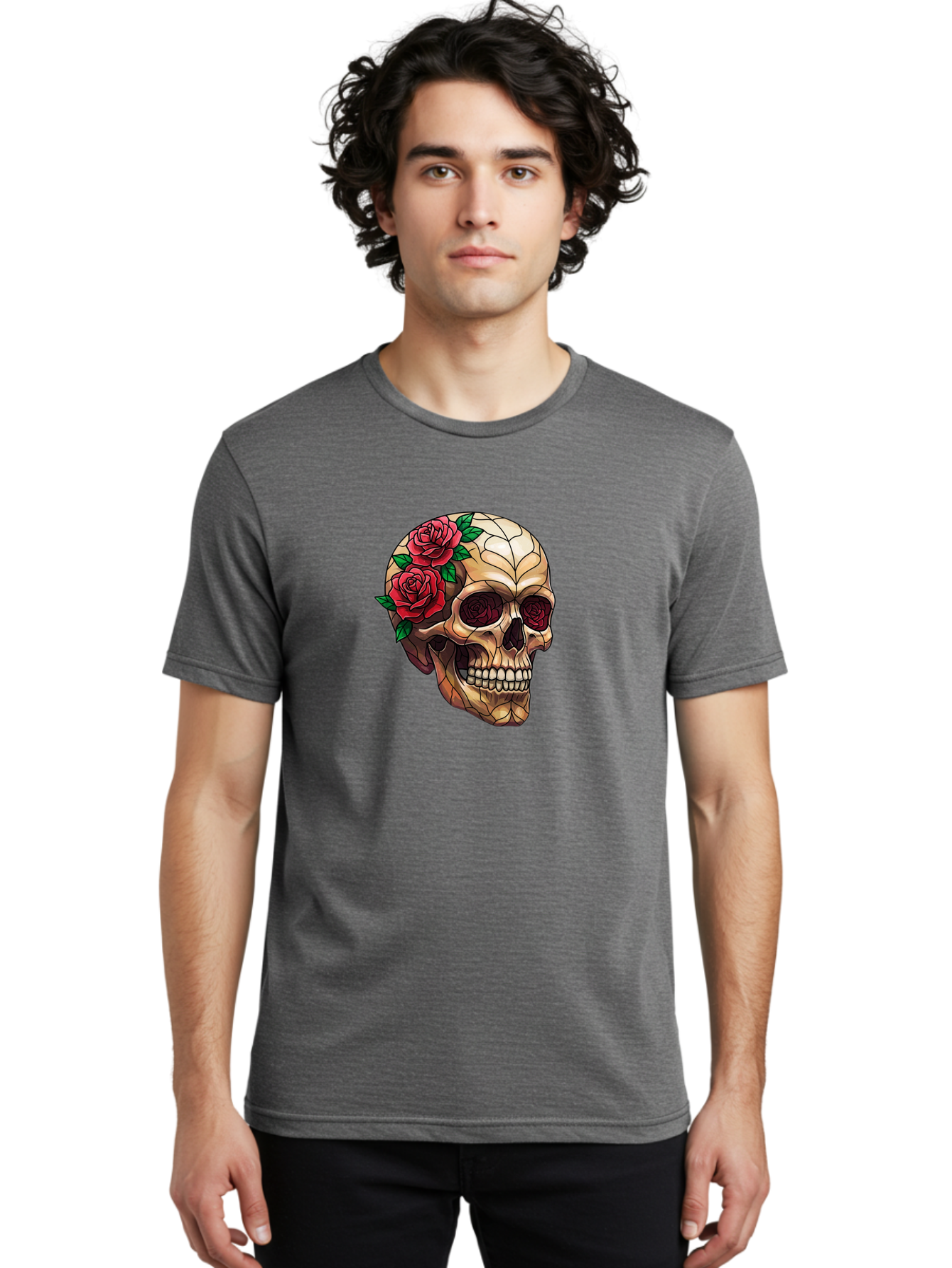 Skull-With-Roses-4 Men'S Graphic Tee, 100% Cotton, Comfortable Casual Summer Wear, Machine Washable, Human Skull, Sugar Skull, Red Roses, Floral Design, Stained Glass Effect, Gothic Style, Tattoo Art, Rose Eyes, Death And Beauty, Floral Skull Bad617 17