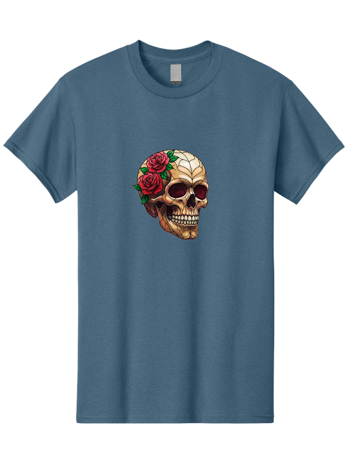 Skull-With-Roses-4 Men'S Graphic Tee, 100% Cotton, Comfortable Casual Summer Wear, Machine Washable, Human Skull, Sugar Skull, Red Roses, Floral Design, Stained Glass Effect, Gothic Style, Tattoo Art, Rose Eyes, Death And Beauty, Floral Skull Bad617 3