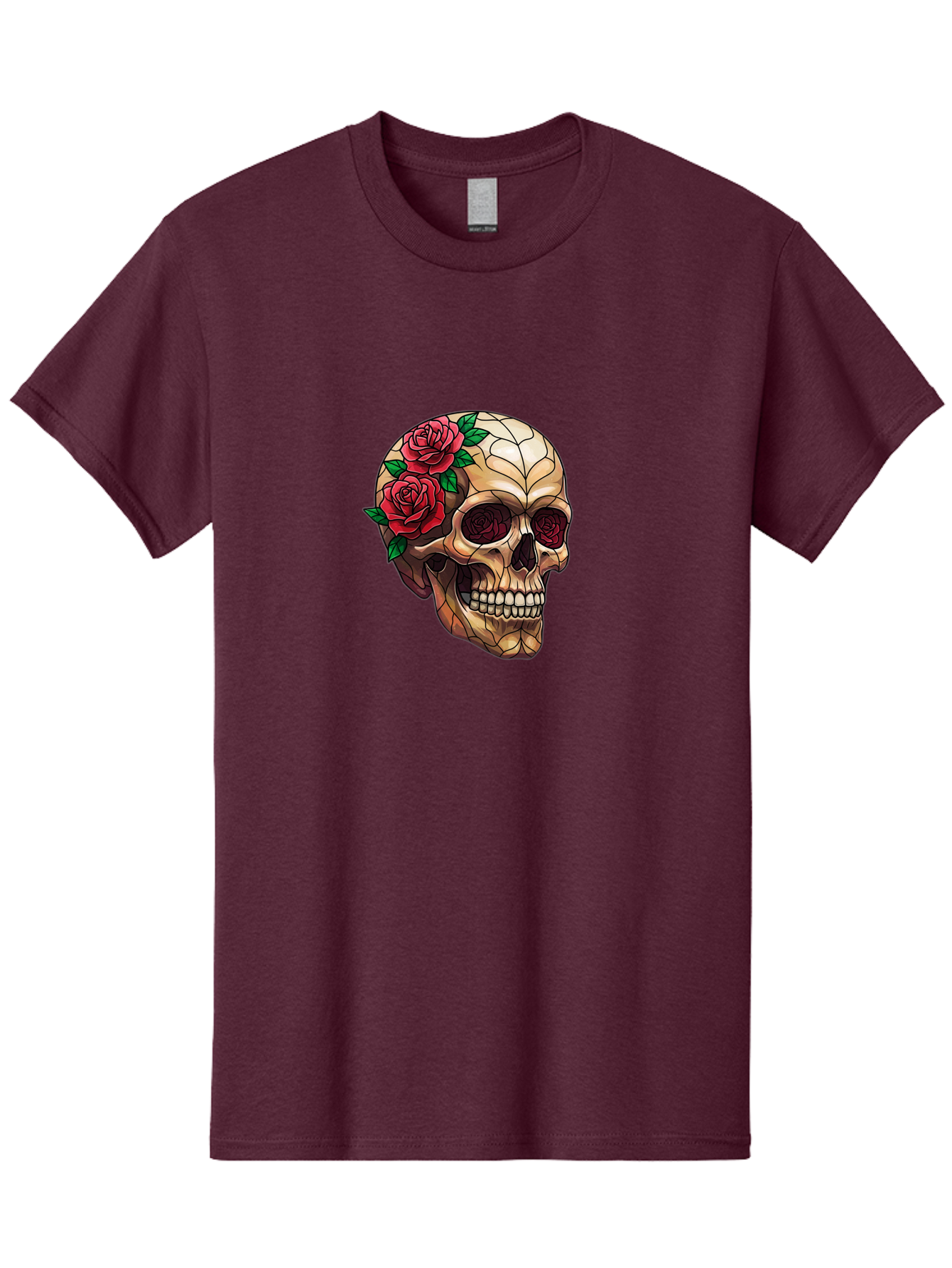 Skull-With-Roses-4 Men'S Graphic Tee, 100% Cotton, Comfortable Casual Summer Wear, Machine Washable, Human Skull, Sugar Skull, Red Roses, Floral Design, Stained Glass Effect, Gothic Style, Tattoo Art, Rose Eyes, Death And Beauty, Floral Skull Bad617 8