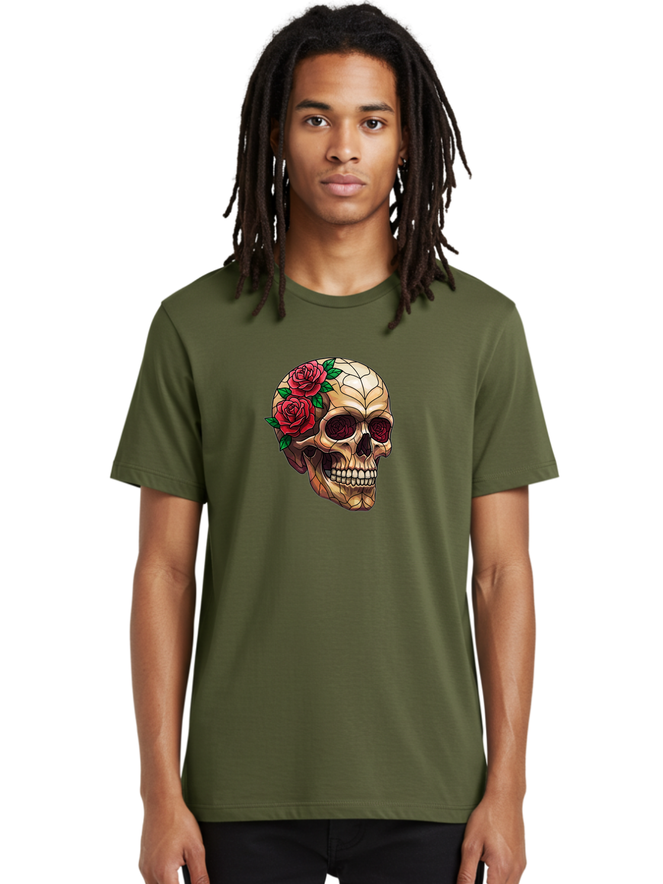 Skull-With-Roses-4 Men'S Graphic Tee, 100% Cotton, Comfortable Casual Summer Wear, Machine Washable, Human Skull, Sugar Skull, Red Roses, Floral Design, Stained Glass Effect, Gothic Style, Tattoo Art, Rose Eyes, Death And Beauty, Floral Skull Bad617 21