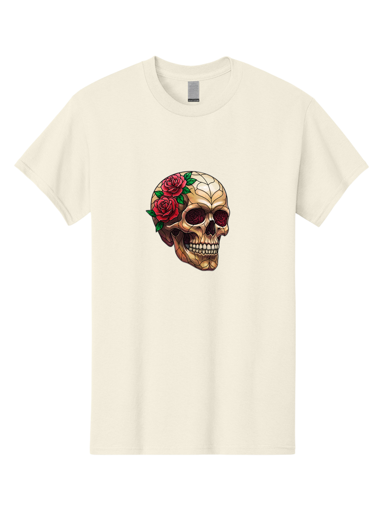 Skull-With-Roses-4 Men'S Graphic Tee, 100% Cotton, Comfortable Casual Summer Wear, Machine Washable, Human Skull, Sugar Skull, Red Roses, Floral Design, Stained Glass Effect, Gothic Style, Tattoo Art, Rose Eyes, Death And Beauty, Floral Skull Bad617 14