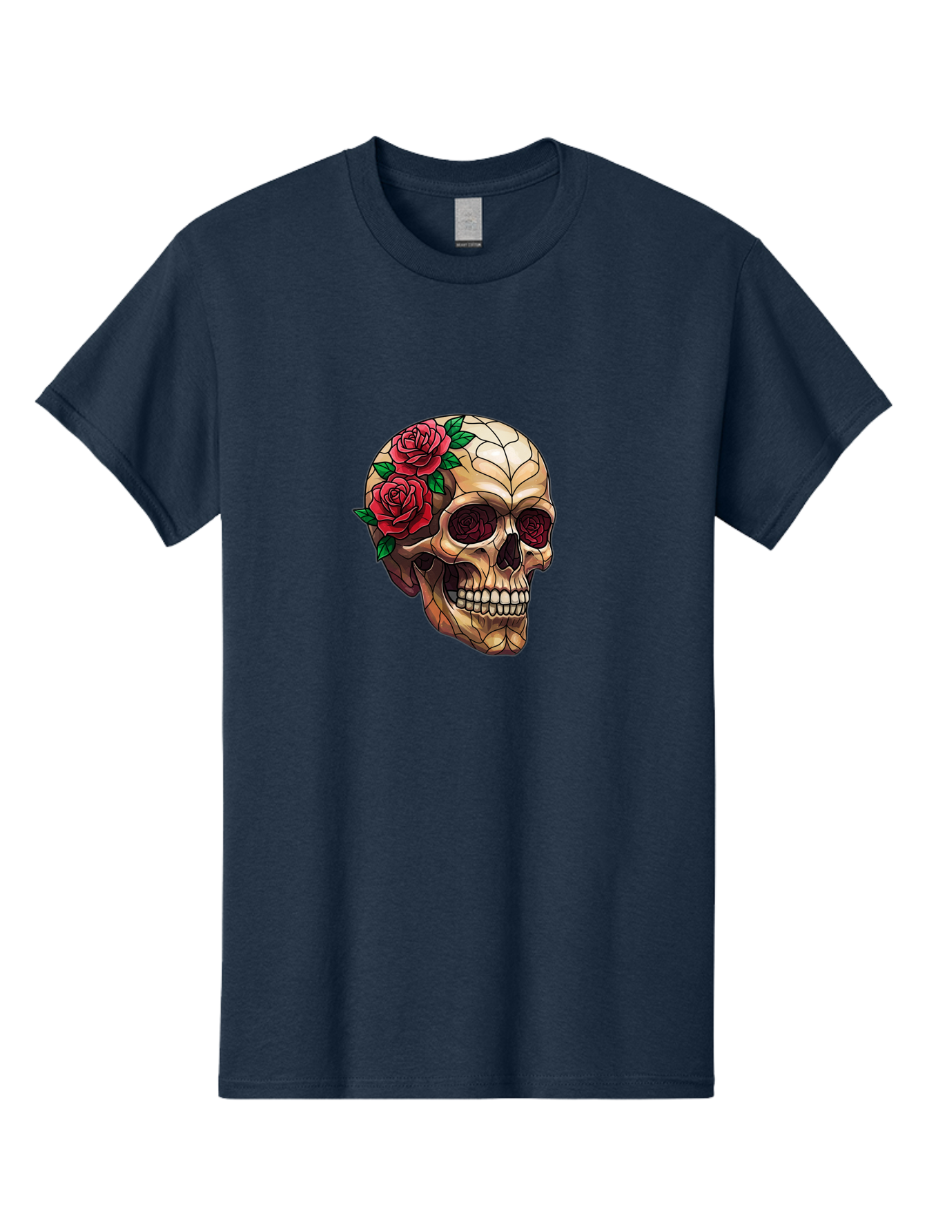 Skull-With-Roses-4 Men'S Graphic Tee, 100% Cotton, Comfortable Casual Summer Wear, Machine Washable, Human Skull, Sugar Skull, Red Roses, Floral Design, Stained Glass Effect, Gothic Style, Tattoo Art, Rose Eyes, Death And Beauty, Floral Skull Bad617 15