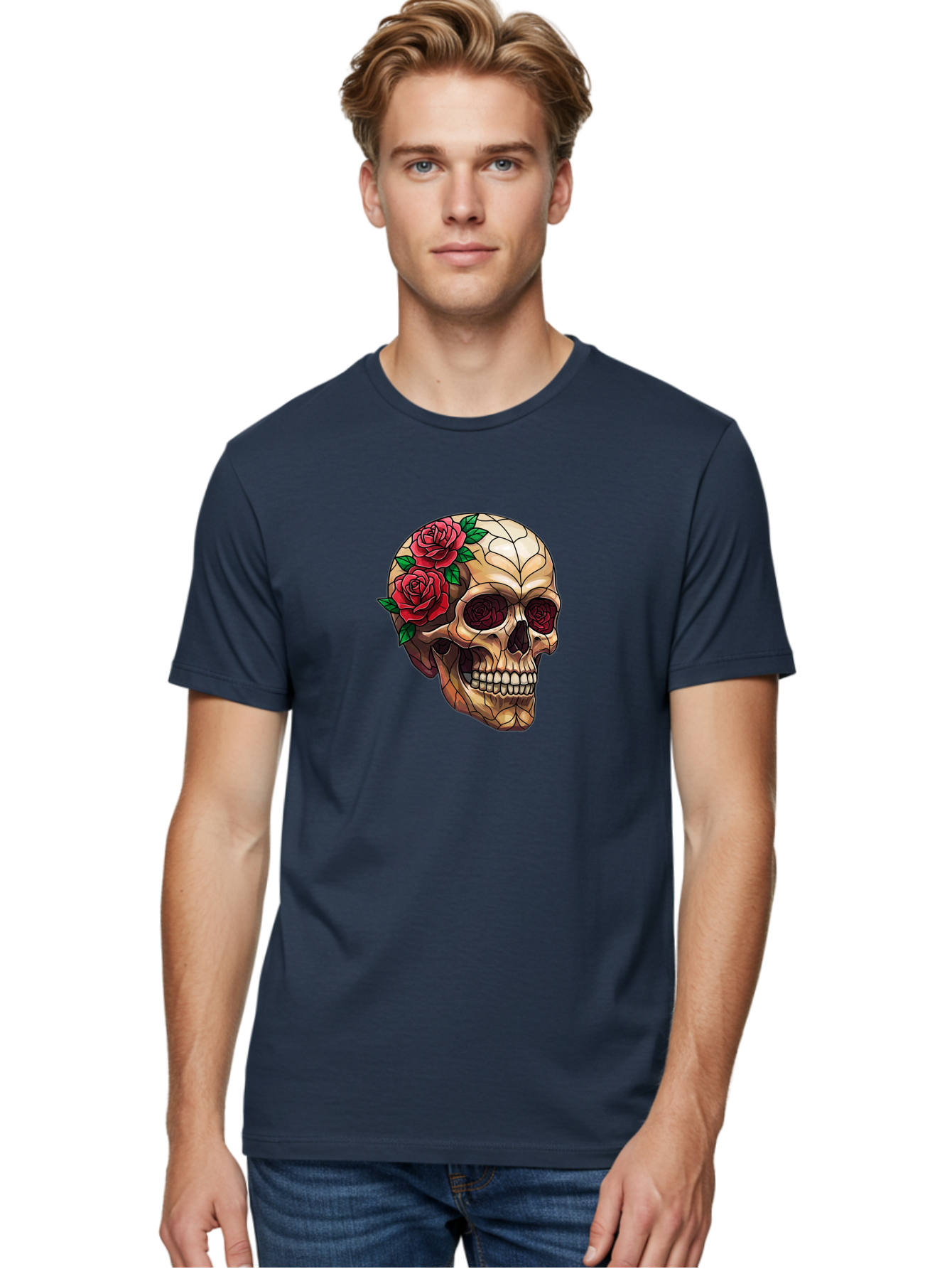 Skull-With-Roses-4 Men'S Graphic Tee, 100% Cotton, Comfortable Casual Summer Wear, Machine Washable, Human Skull, Sugar Skull, Red Roses, Floral Design, Stained Glass Effect, Gothic Style, Tattoo Art, Rose Eyes, Death And Beauty, Floral Skull Bad617 30