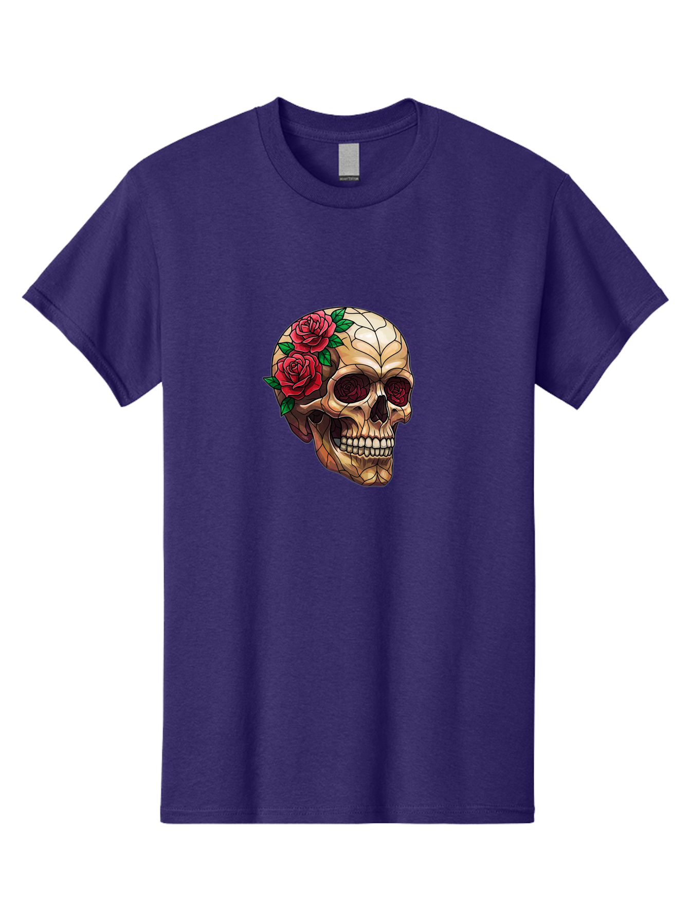 Skull-With-Roses-4 Men'S Graphic Tee, 100% Cotton, Comfortable Casual Summer Wear, Machine Washable, Human Skull, Sugar Skull, Red Roses, Floral Design, Stained Glass Effect, Gothic Style, Tattoo Art, Rose Eyes, Death And Beauty, Floral Skull Bad617 10