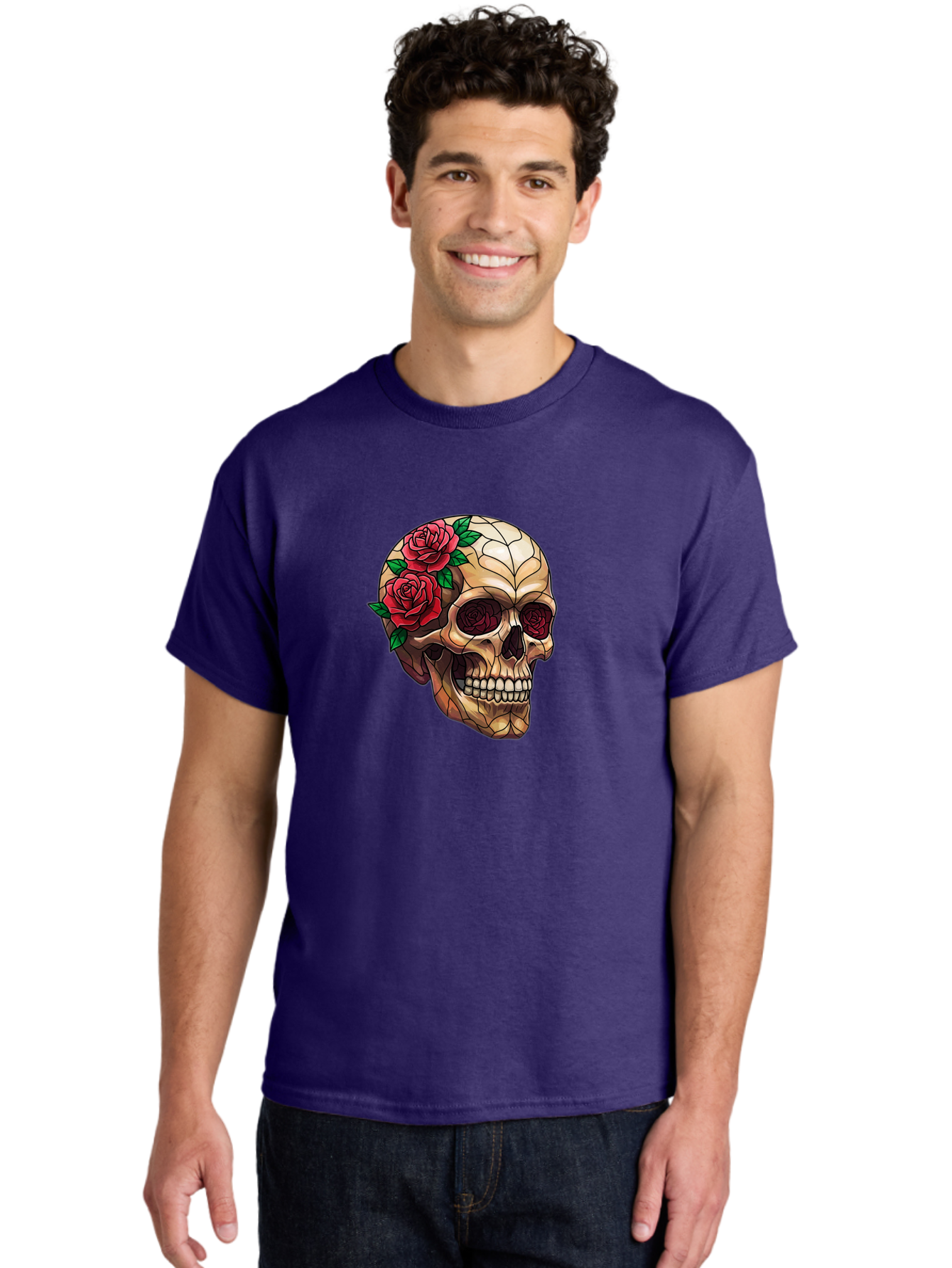 Skull-With-Roses-4 Men'S Graphic Tee, 100% Cotton, Comfortable Casual Summer Wear, Machine Washable, Human Skull, Sugar Skull, Red Roses, Floral Design, Stained Glass Effect, Gothic Style, Tattoo Art, Rose Eyes, Death And Beauty, Floral Skull Bad617 25