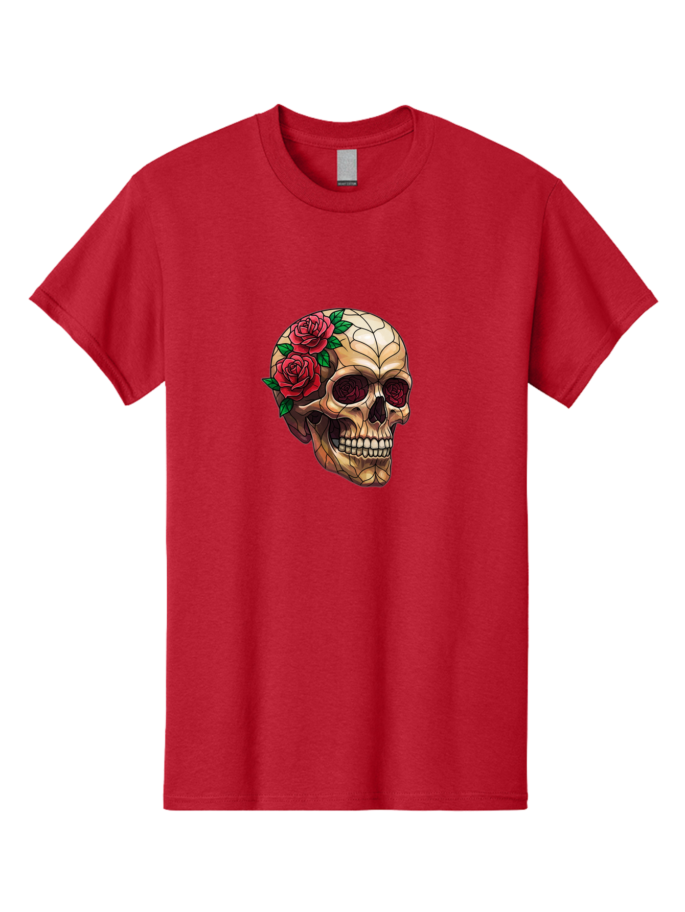Skull-With-Roses-4 Men'S Graphic Tee, 100% Cotton, Comfortable Casual Summer Wear, Machine Washable, Human Skull, Sugar Skull, Red Roses, Floral Design, Stained Glass Effect, Gothic Style, Tattoo Art, Rose Eyes, Death And Beauty, Floral Skull Bad617 11