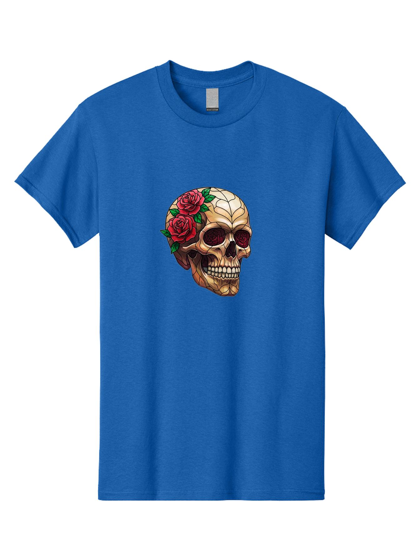 Skull-With-Roses-4 Men'S Graphic Tee, 100% Cotton, Comfortable Casual Summer Wear, Machine Washable, Human Skull, Sugar Skull, Red Roses, Floral Design, Stained Glass Effect, Gothic Style, Tattoo Art, Rose Eyes, Death And Beauty, Floral Skull Bad617 12