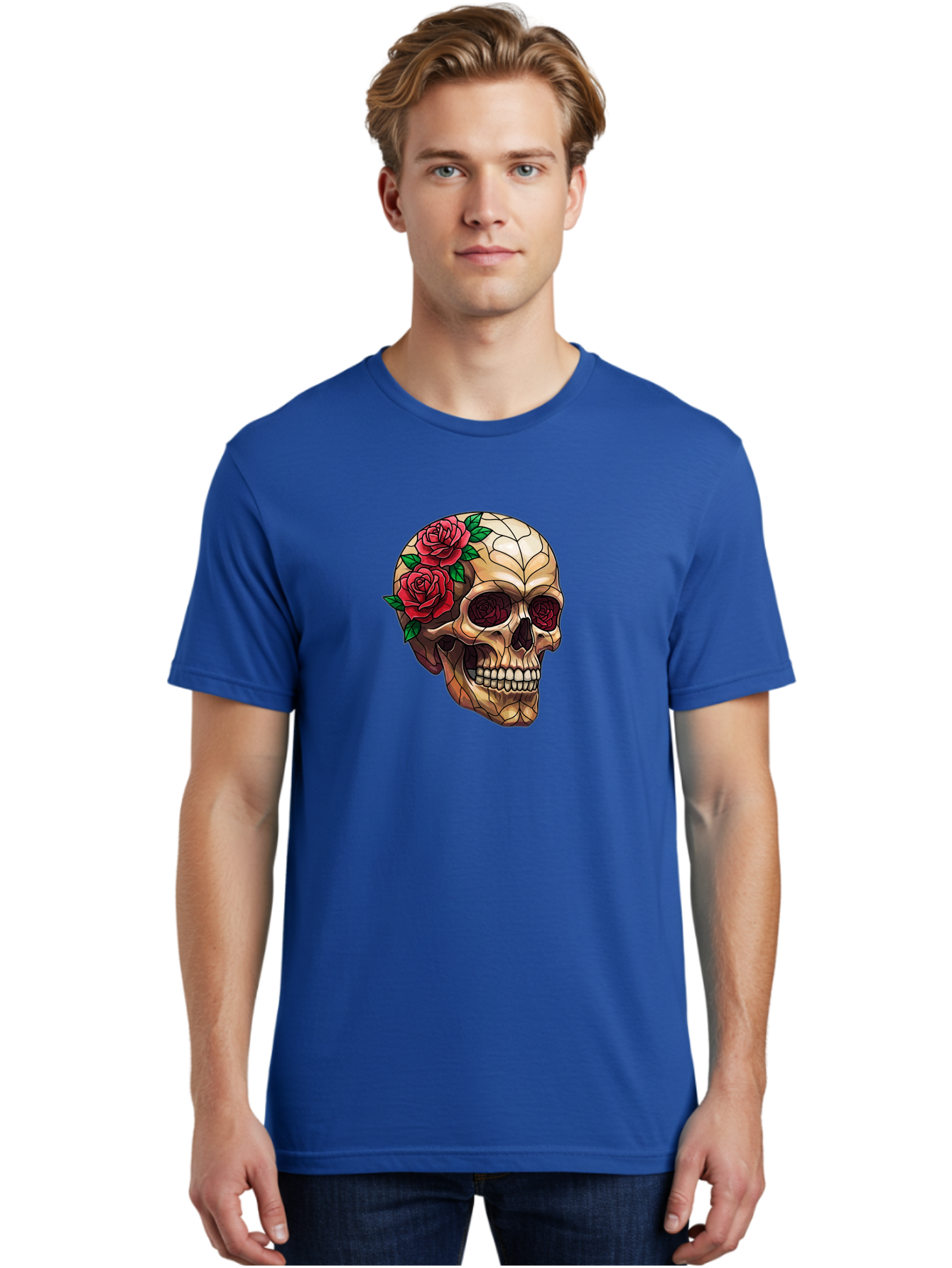 Skull-With-Roses-4 Men'S Graphic Tee, 100% Cotton, Comfortable Casual Summer Wear, Machine Washable, Human Skull, Sugar Skull, Red Roses, Floral Design, Stained Glass Effect, Gothic Style, Tattoo Art, Rose Eyes, Death And Beauty, Floral Skull Bad617 27