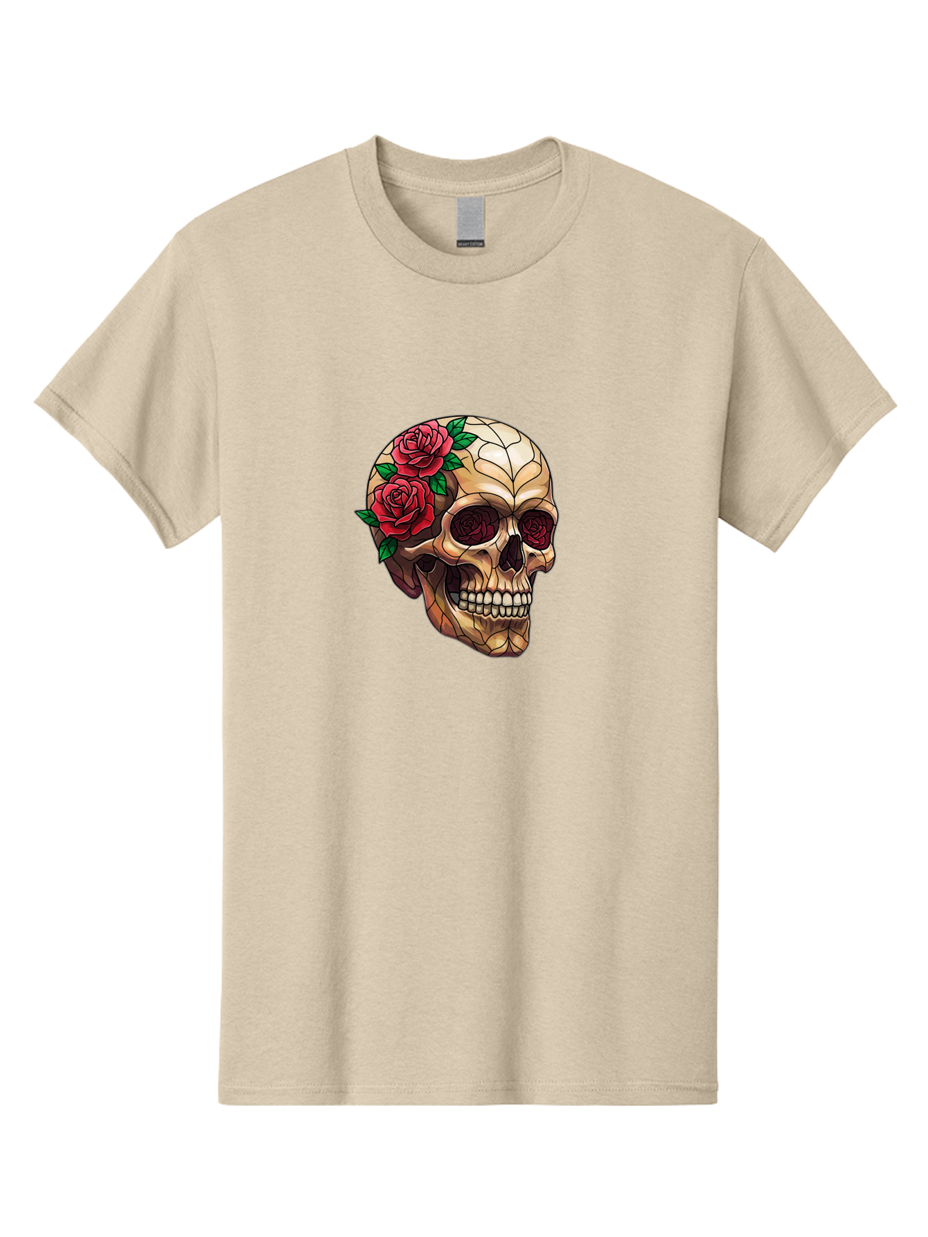 Skull-With-Roses-4 Men'S Graphic Tee, 100% Cotton, Comfortable Casual Summer Wear, Machine Washable, Human Skull, Sugar Skull, Red Roses, Floral Design, Stained Glass Effect, Gothic Style, Tattoo Art, Rose Eyes, Death And Beauty, Floral Skull Bad617 4