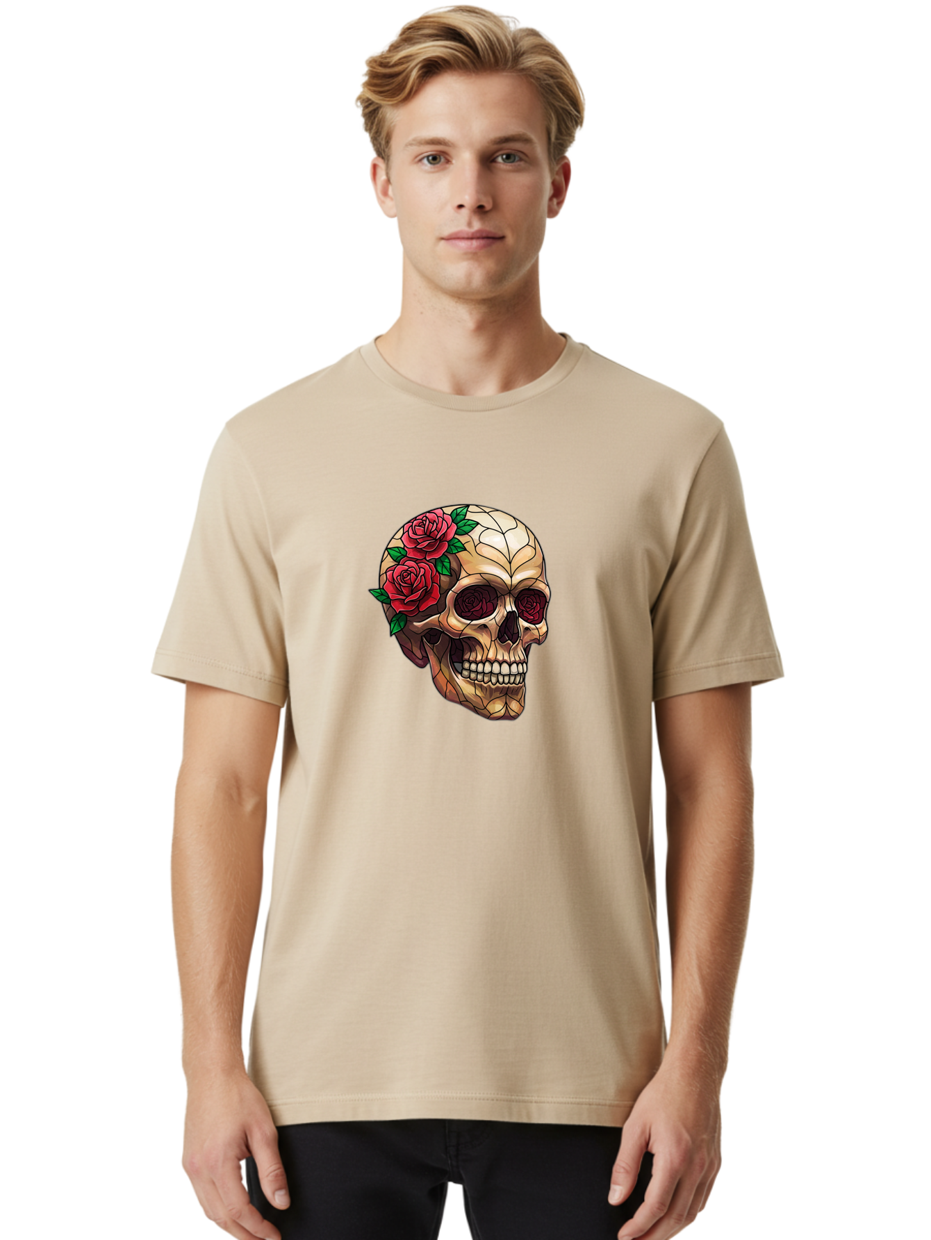 Skull-With-Roses-4 Men'S Graphic Tee, 100% Cotton, Comfortable Casual Summer Wear, Machine Washable, Human Skull, Sugar Skull, Red Roses, Floral Design, Stained Glass Effect, Gothic Style, Tattoo Art, Rose Eyes, Death And Beauty, Floral Skull Bad617 19