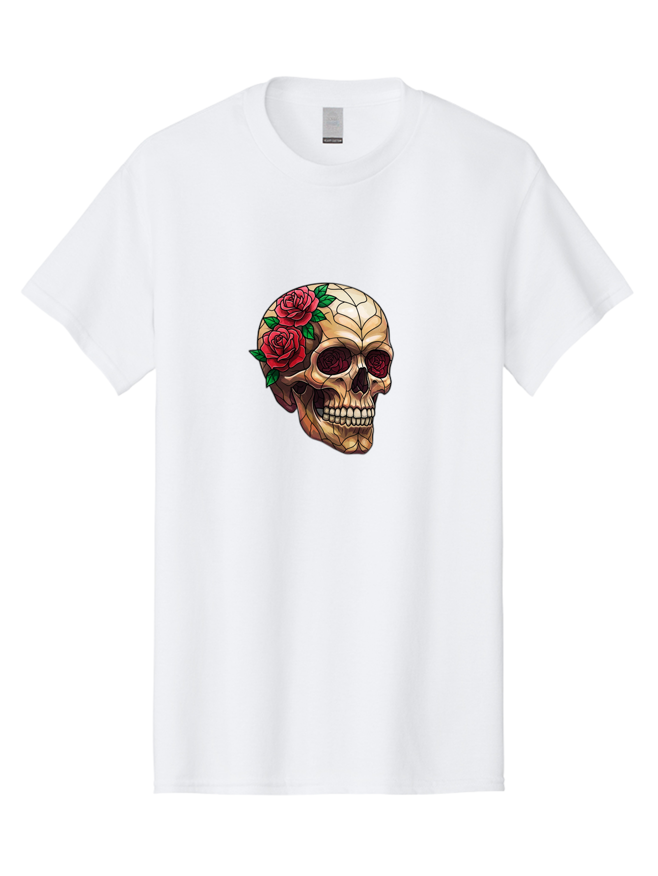 Skull-With-Roses-4 Men'S Graphic Tee, 100% Cotton, Comfortable Casual Summer Wear, Machine Washable, Human Skull, Sugar Skull, Red Roses, Floral Design, Stained Glass Effect, Gothic Style, Tattoo Art, Rose Eyes, Death And Beauty, Floral Skull Bad617 13