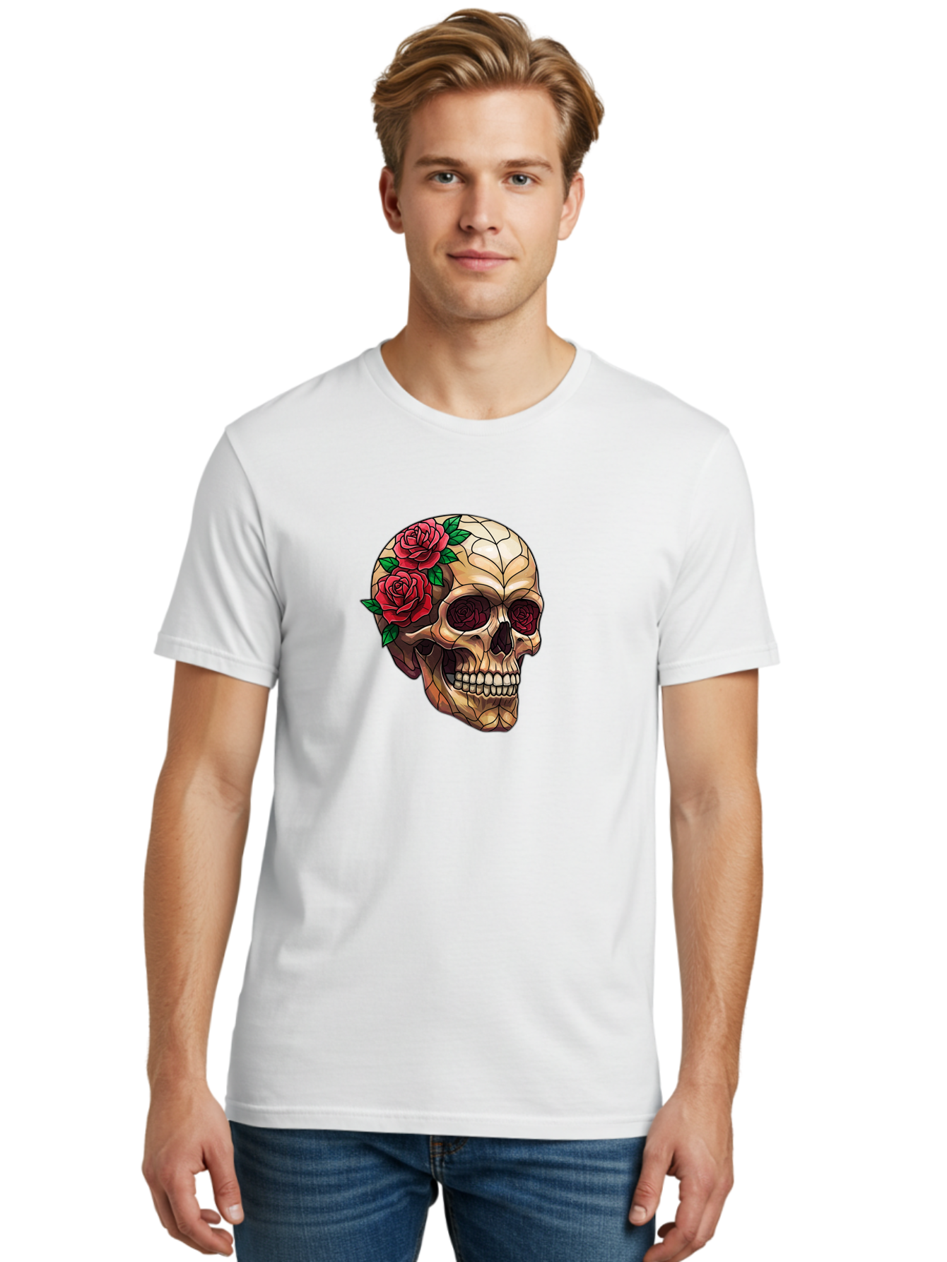 Skull-With-Roses-4 Men'S Graphic Tee, 100% Cotton, Comfortable Casual Summer Wear, Machine Washable, Human Skull, Sugar Skull, Red Roses, Floral Design, Stained Glass Effect, Gothic Style, Tattoo Art, Rose Eyes, Death And Beauty, Floral Skull Bad617 28
