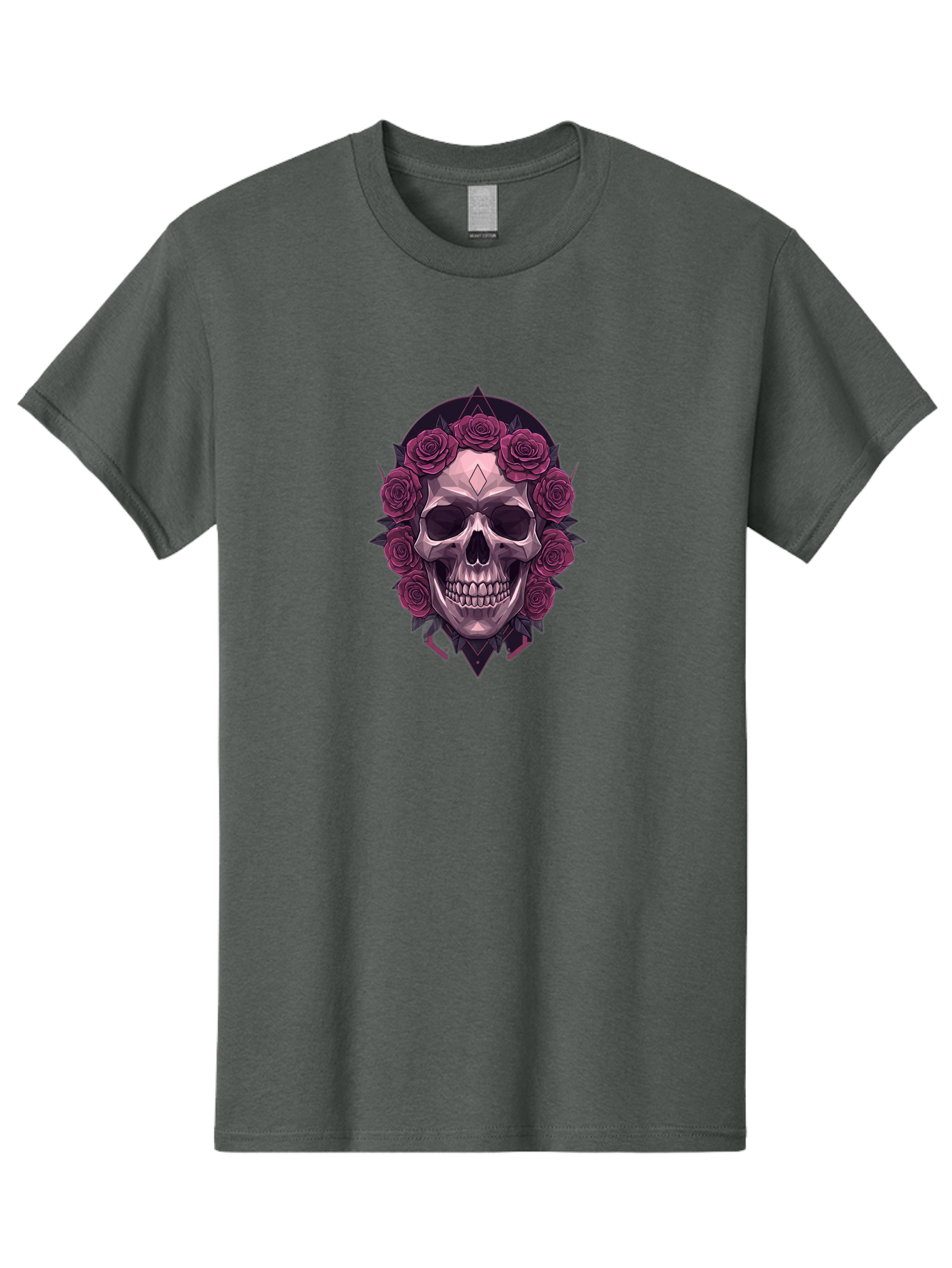 Skull-With-Roses-5 Men'S Graphic Tee, 100% Cotton, Comfortable Casual Summer Wear, Machine Washable, Human Skull, Purple Roses, Diamond-Shaped Gem, Gothic Design, Dark Art, Floral Wreath, Mystical Symbol, Tattoo Art, Grunge Style, Bad618 13