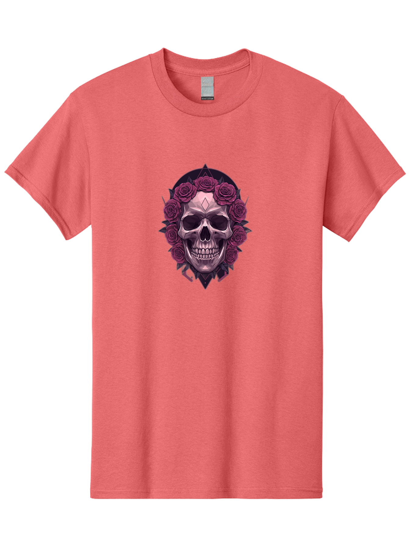 Skull-With-Roses-5 Men'S Graphic Tee, 100% Cotton, Comfortable Casual Summer Wear, Machine Washable, Human Skull, Purple Roses, Diamond-Shaped Gem, Gothic Design, Dark Art, Floral Wreath, Mystical Symbol, Tattoo Art, Grunge Style, Bad618 3