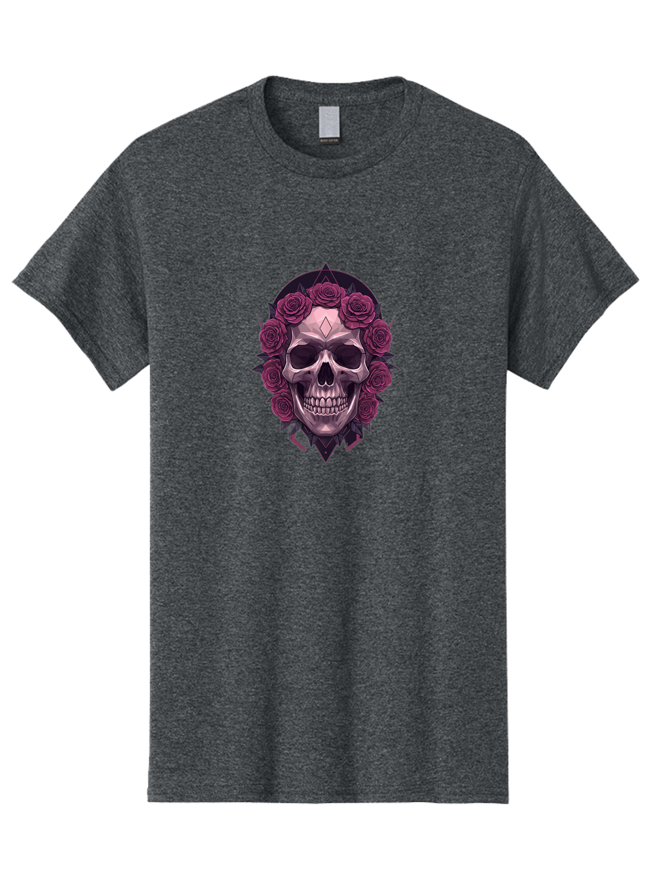 Skull-With-Roses-5 Men'S Graphic Tee, 100% Cotton, Comfortable Casual Summer Wear, Machine Washable, Human Skull, Purple Roses, Diamond-Shaped Gem, Gothic Design, Dark Art, Floral Wreath, Mystical Symbol, Tattoo Art, Grunge Style, Bad618 7