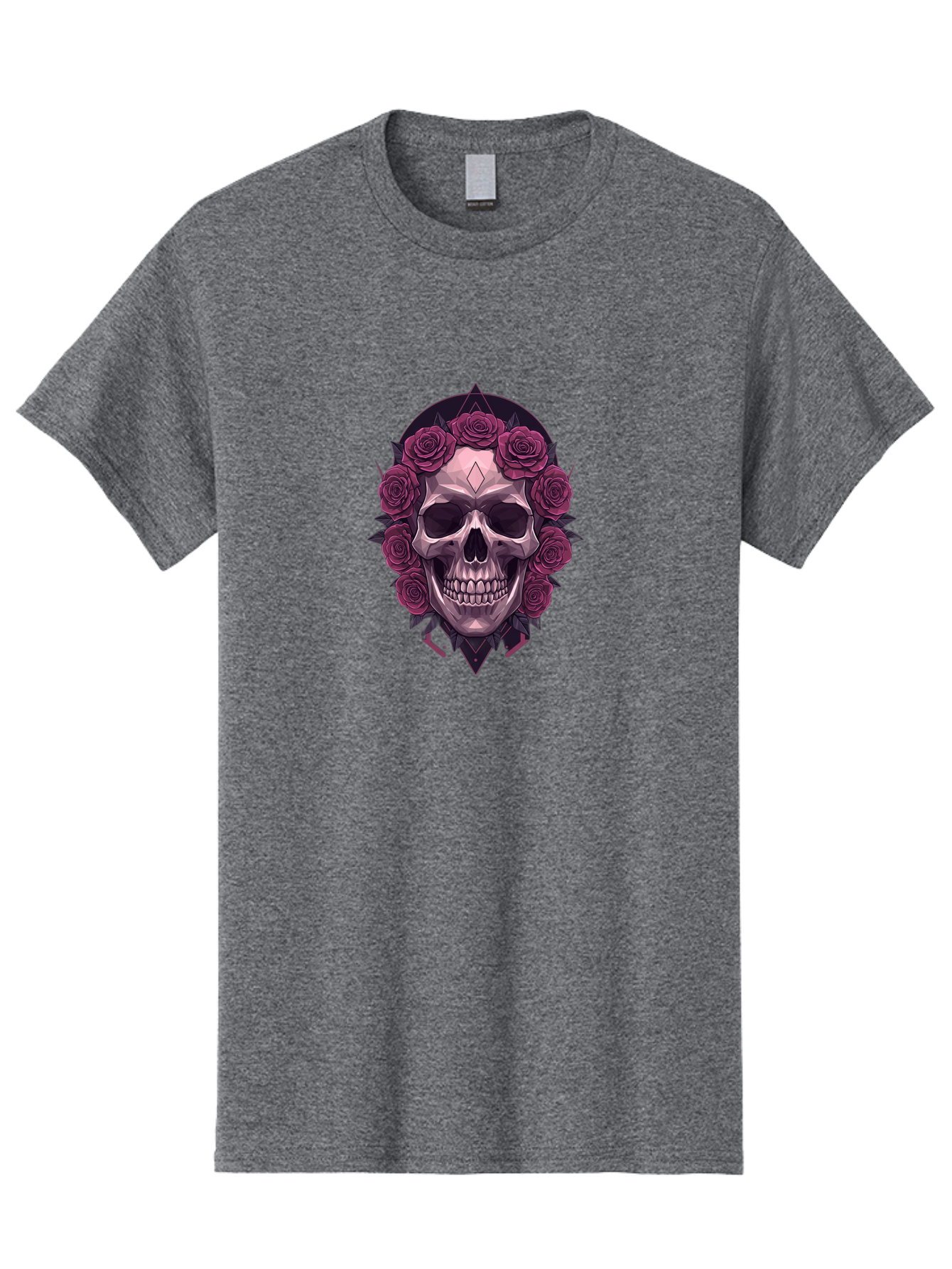 Skull-With-Roses-5 Men'S Graphic Tee, 100% Cotton, Comfortable Casual Summer Wear, Machine Washable, Human Skull, Purple Roses, Diamond-Shaped Gem, Gothic Design, Dark Art, Floral Wreath, Mystical Symbol, Tattoo Art, Grunge Style, Bad618 4