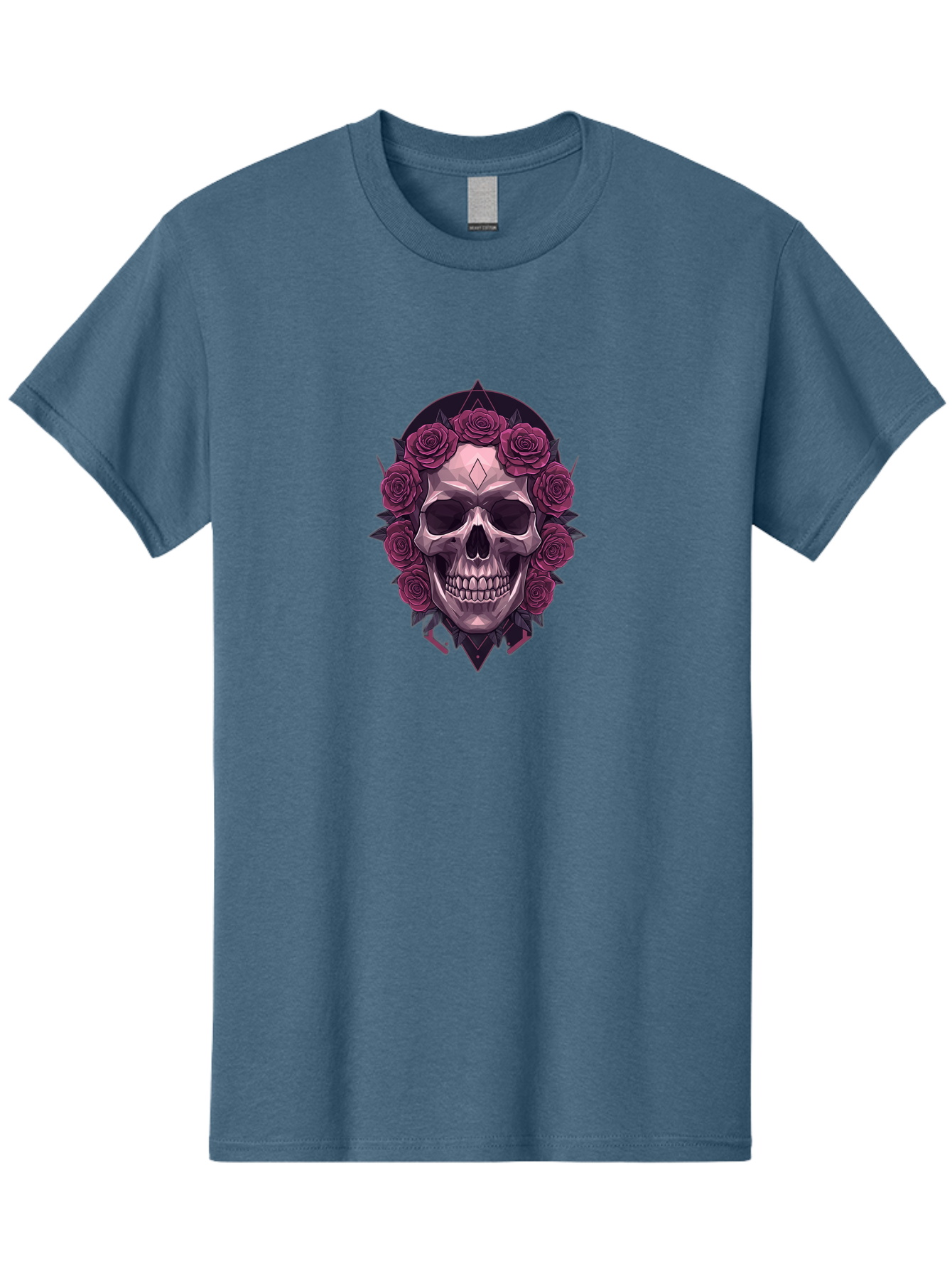 Skull-With-Roses-5 Men'S Graphic Tee, 100% Cotton, Comfortable Casual Summer Wear, Machine Washable, Human Skull, Purple Roses, Diamond-Shaped Gem, Gothic Design, Dark Art, Floral Wreath, Mystical Symbol, Tattoo Art, Grunge Style, Bad618 8