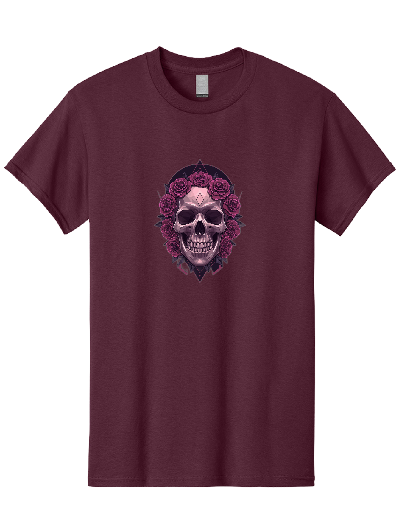 Skull-With-Roses-5 Men'S Graphic Tee, 100% Cotton, Comfortable Casual Summer Wear, Machine Washable, Human Skull, Purple Roses, Diamond-Shaped Gem, Gothic Design, Dark Art, Floral Wreath, Mystical Symbol, Tattoo Art, Grunge Style, Bad618 9