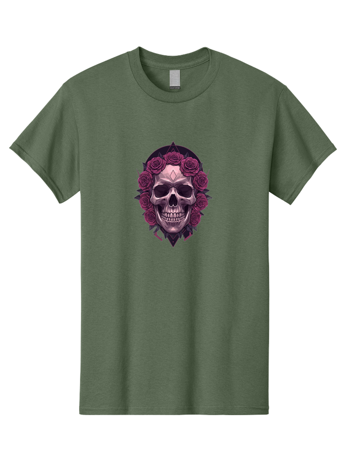 Skull-With-Roses-5 Men'S Graphic Tee, 100% Cotton, Comfortable Casual Summer Wear, Machine Washable, Human Skull, Purple Roses, Diamond-Shaped Gem, Gothic Design, Dark Art, Floral Wreath, Mystical Symbol, Tattoo Art, Grunge Style, Bad618 1