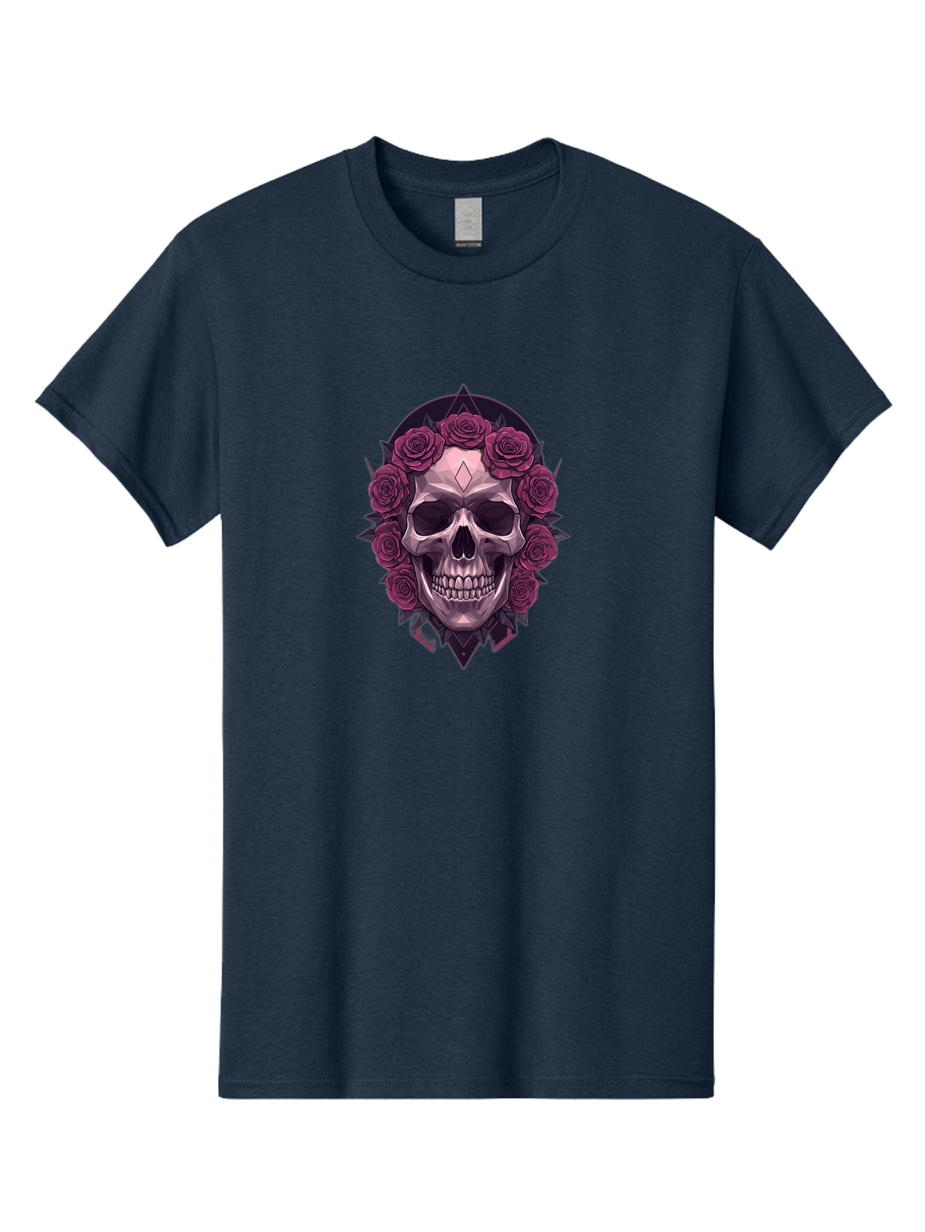 Skull-With-Roses-5 Men'S Graphic Tee, 100% Cotton, Comfortable Casual Summer Wear, Machine Washable, Human Skull, Purple Roses, Diamond-Shaped Gem, Gothic Design, Dark Art, Floral Wreath, Mystical Symbol, Tattoo Art, Grunge Style, Bad618 2