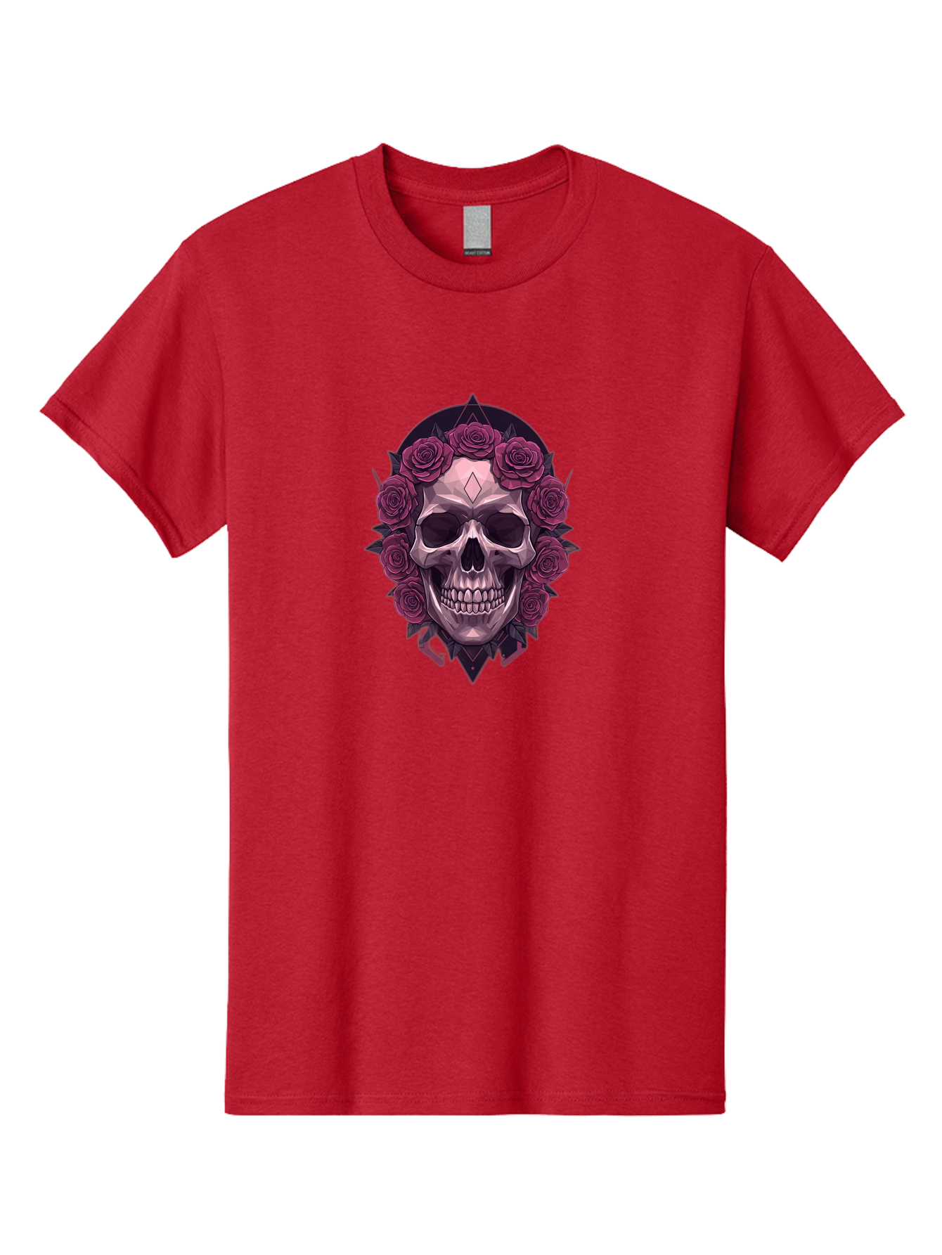 Skull-With-Roses-5 Men'S Graphic Tee, 100% Cotton, Comfortable Casual Summer Wear, Machine Washable, Human Skull, Purple Roses, Diamond-Shaped Gem, Gothic Design, Dark Art, Floral Wreath, Mystical Symbol, Tattoo Art, Grunge Style, Bad618 11