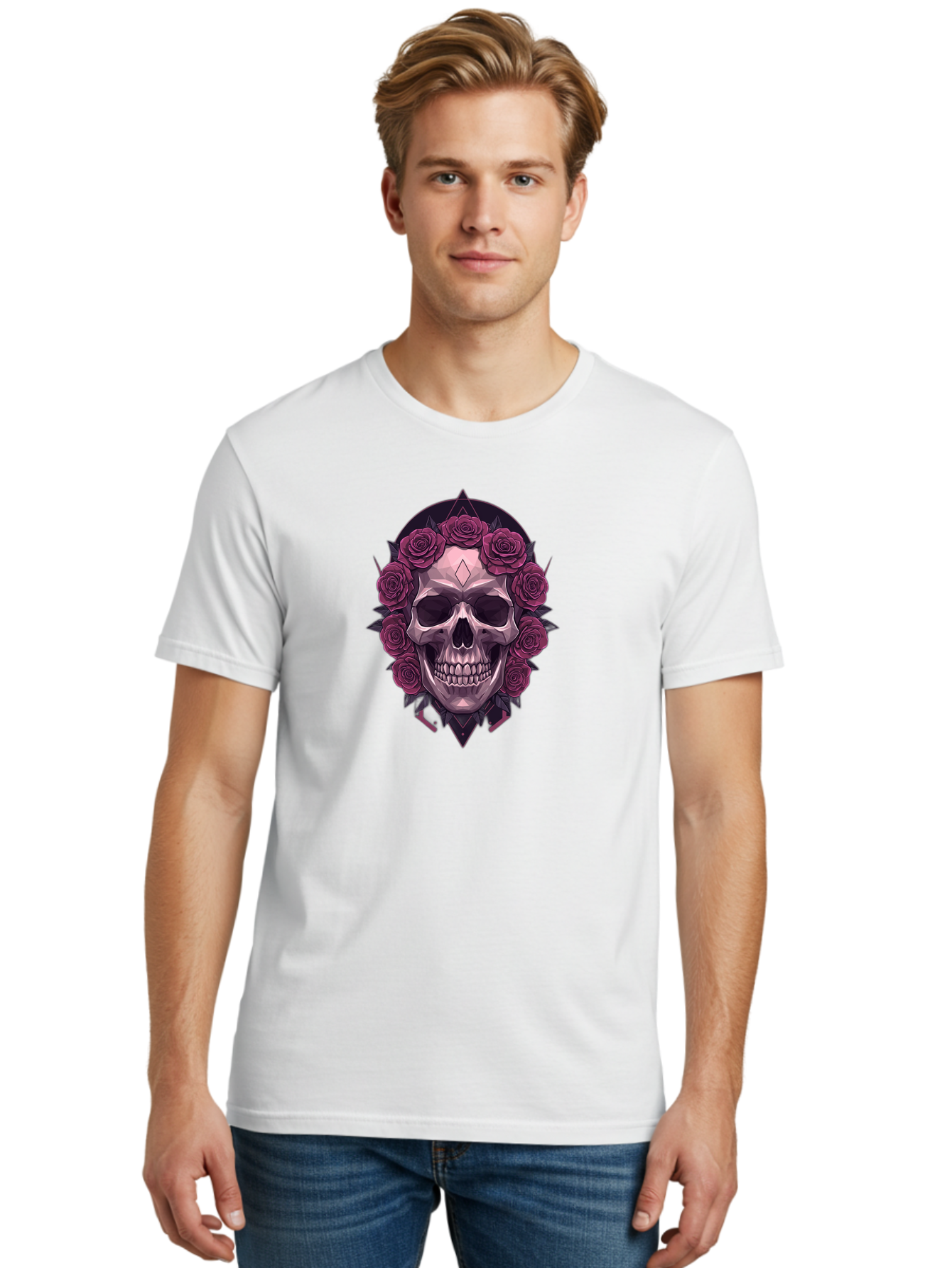 Skull-With-Roses-5 Men'S Graphic Tee, 100% Cotton, Comfortable Casual Summer Wear, Machine Washable, Human Skull, Purple Roses, Diamond-Shaped Gem, Gothic Design, Dark Art, Floral Wreath, Mystical Symbol, Tattoo Art, Grunge Style, Bad618 29
