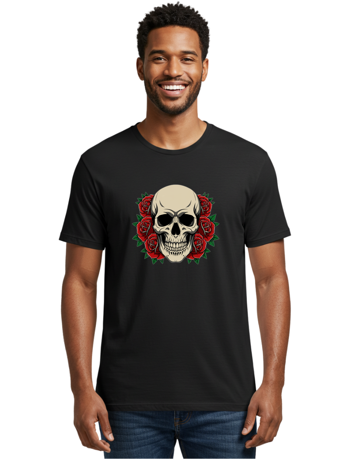 Skull-With-Roses Men'S Graphic Tee, 100% Cotton, Comfortable Casual Summer Wear, Machine Washable, Human Skull, Red Roses, Floral Skull, Gothic Art, Dark Symbolism, Skull Design, Tattoo Art, Gothic Roses Bad619 16