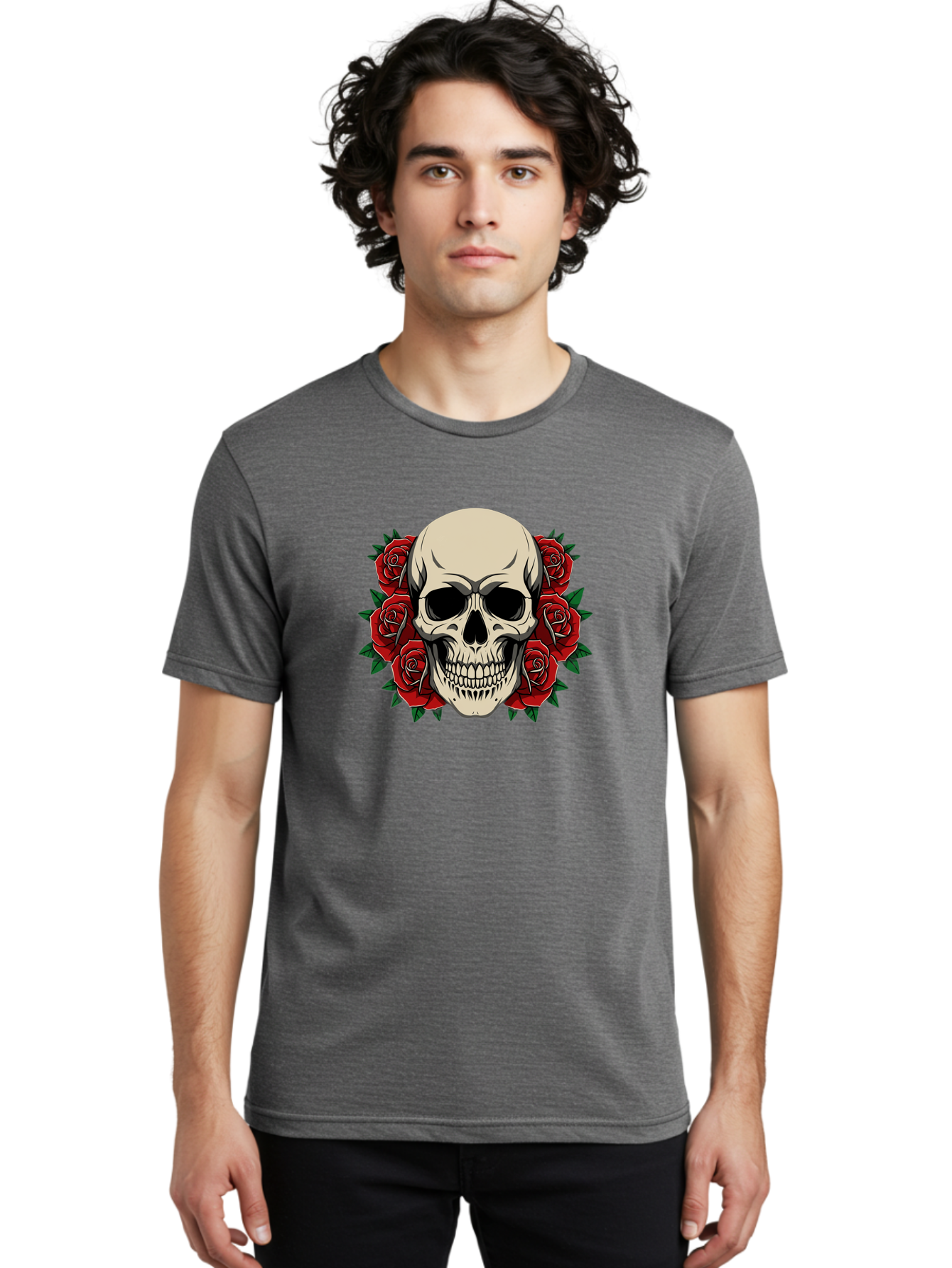 Skull-With-Roses Men'S Graphic Tee, 100% Cotton, Comfortable Casual Summer Wear, Machine Washable, Human Skull, Red Roses, Floral Skull, Gothic Art, Dark Symbolism, Skull Design, Tattoo Art, Gothic Roses Bad619 25