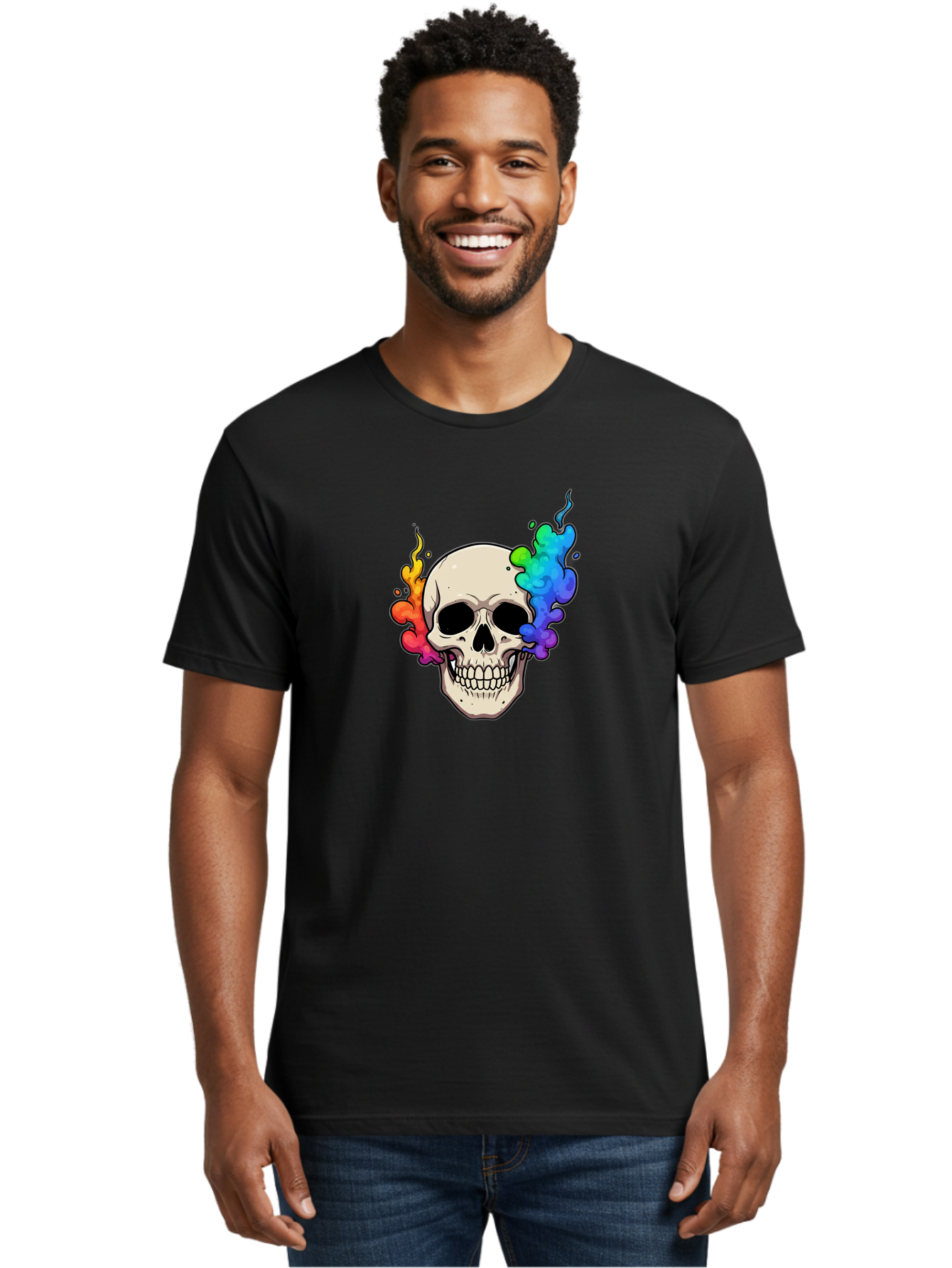 Skull-With-Smoke Men'S Graphic Tee, 100% Cotton, Comfortable Casual Summer Wear, Machine Washable, Cartoon Skull, Rainbow Smoke, Colorful Illustration, Vibrant Art, Edgy Design, Grunge Style, Street Art, Graphic Design, Skull Art, Bad620 21