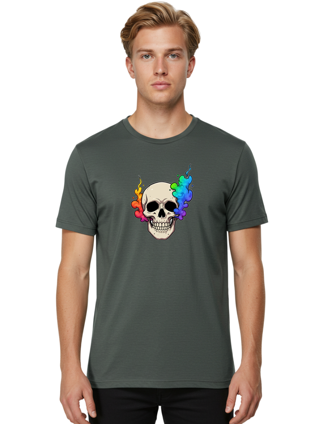 Skull-With-Smoke Men'S Graphic Tee, 100% Cotton, Comfortable Casual Summer Wear, Machine Washable, Cartoon Skull, Rainbow Smoke, Colorful Illustration, Vibrant Art, Edgy Design, Grunge Style, Street Art, Graphic Design, Skull Art, Bad620 17