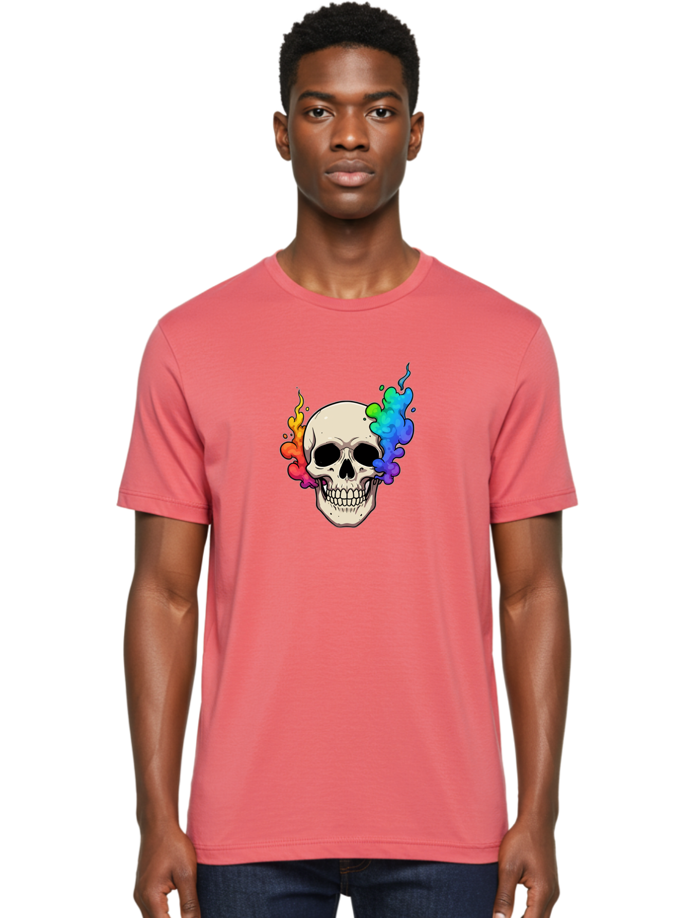 Skull-With-Smoke Men'S Graphic Tee, 100% Cotton, Comfortable Casual Summer Wear, Machine Washable, Cartoon Skull, Rainbow Smoke, Colorful Illustration, Vibrant Art, Edgy Design, Grunge Style, Street Art, Graphic Design, Skull Art, Bad620 28