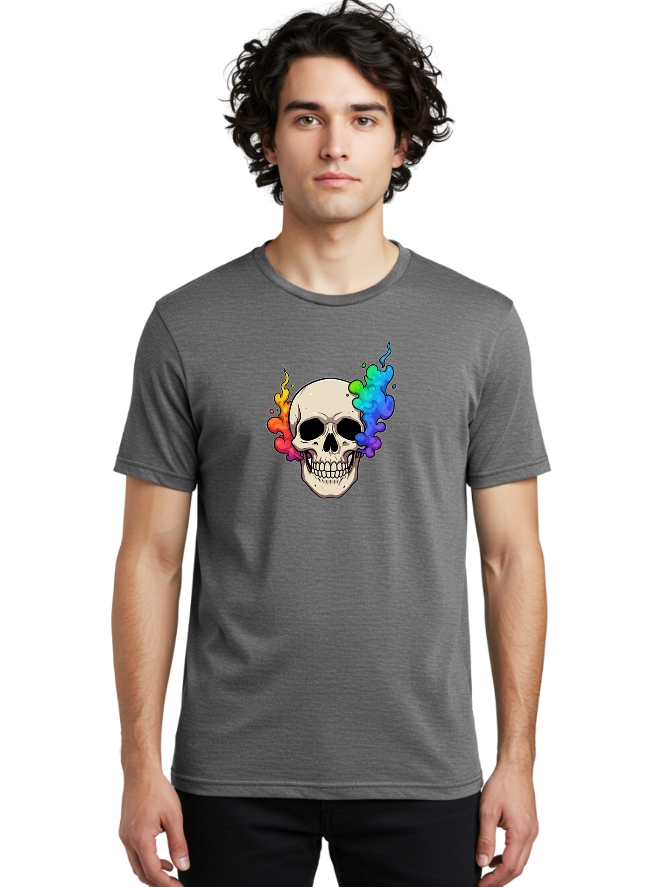 Skull-With-Smoke Men'S Graphic Tee, 100% Cotton, Comfortable Casual Summer Wear, Machine Washable, Cartoon Skull, Rainbow Smoke, Colorful Illustration, Vibrant Art, Edgy Design, Grunge Style, Street Art, Graphic Design, Skull Art, Bad620 30
