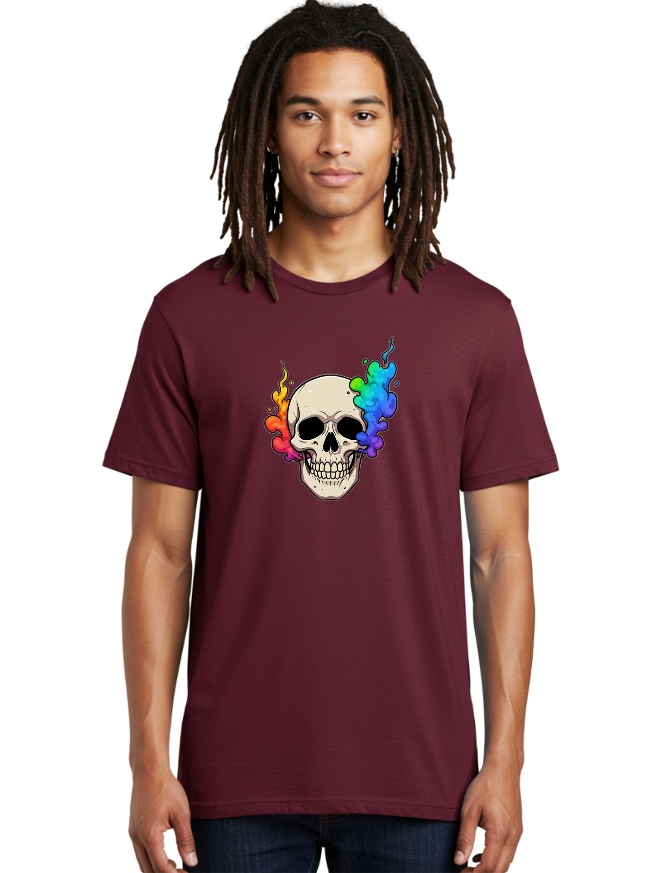 Skull-With-Smoke Men'S Graphic Tee, 100% Cotton, Comfortable Casual Summer Wear, Machine Washable, Cartoon Skull, Rainbow Smoke, Colorful Illustration, Vibrant Art, Edgy Design, Grunge Style, Street Art, Graphic Design, Skull Art, Bad620 29