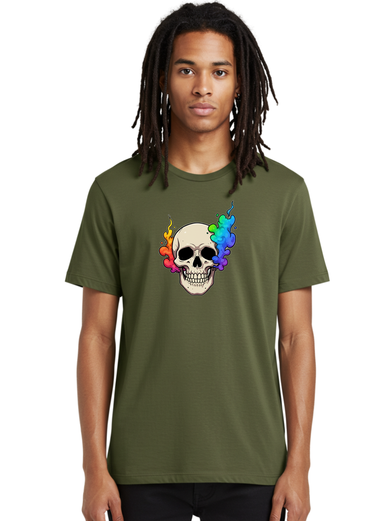 Skull-With-Smoke Men'S Graphic Tee, 100% Cotton, Comfortable Casual Summer Wear, Machine Washable, Cartoon Skull, Rainbow Smoke, Colorful Illustration, Vibrant Art, Edgy Design, Grunge Style, Street Art, Graphic Design, Skull Art, Bad620 18
